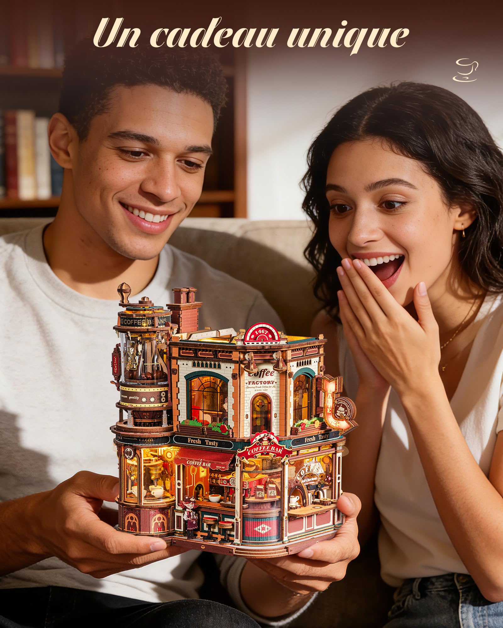 ROKR Dream Coffee Factory EAB02 Maison de Poupée Miniature DIY avec Boîte à Musique pour Adultes, Modèle Mécanique avec Pièces Mobiles, Lumières LED et Musique Jazz, Cadeau Créative