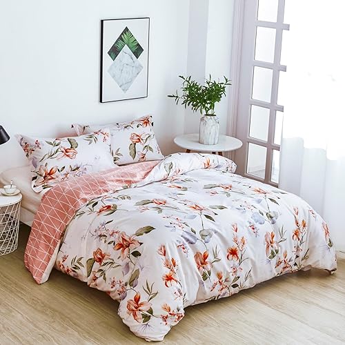 Miniatura 2 de OAITE - Juego de funda de edredón de 100% algodón con patrón floral, juego de ropa de cama suave que incluye 3 piezas (2 fundas de almohada, 1 funda