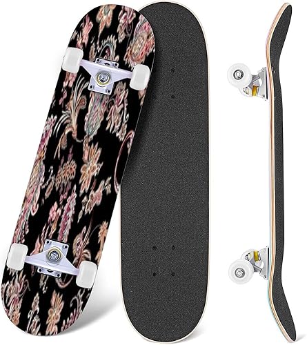 Miniatura 3 de Patinetas de pintura negra dibujadas a mano con patrón floral sin costuras para principiantes, 31 x 8 pulgadas, tablas cóncavas de arce de doble