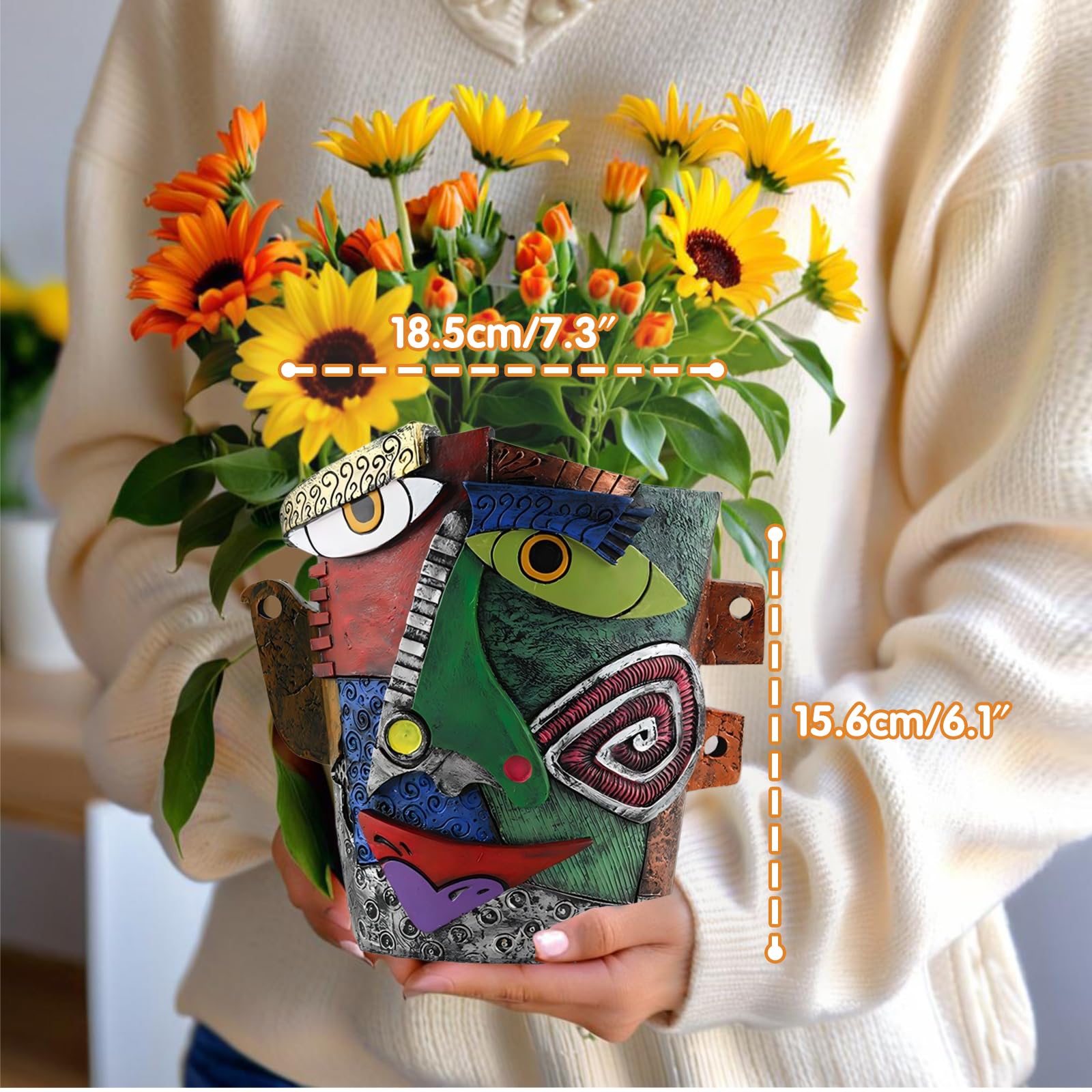 Pot de Fleurs Abstrait, 18.5cm Cache-Pots de Plante Résine Art Portrait Vase Pot de Fleurs pour Interieur Ornements Uniques Décoratif Succulents Balcon Décoration de Jardin