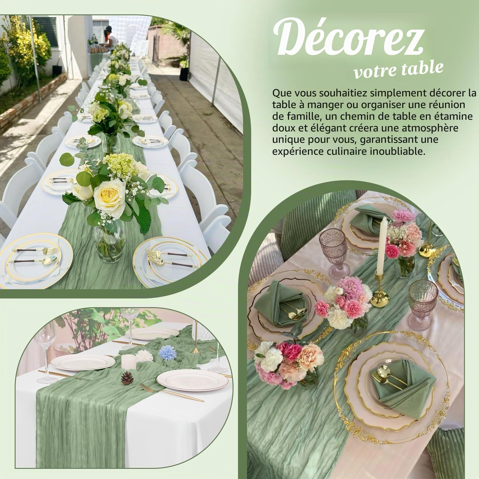 Lot de 10 Chemins de Table en Étamine, Chemin de Table Bohème en Gaze de 55 x 300 cm, Tissu Rustique en Gaze pour Mariages Festivals Remises de Diplôme Dîners Fêtes en Plein Air (Vert Sauge)