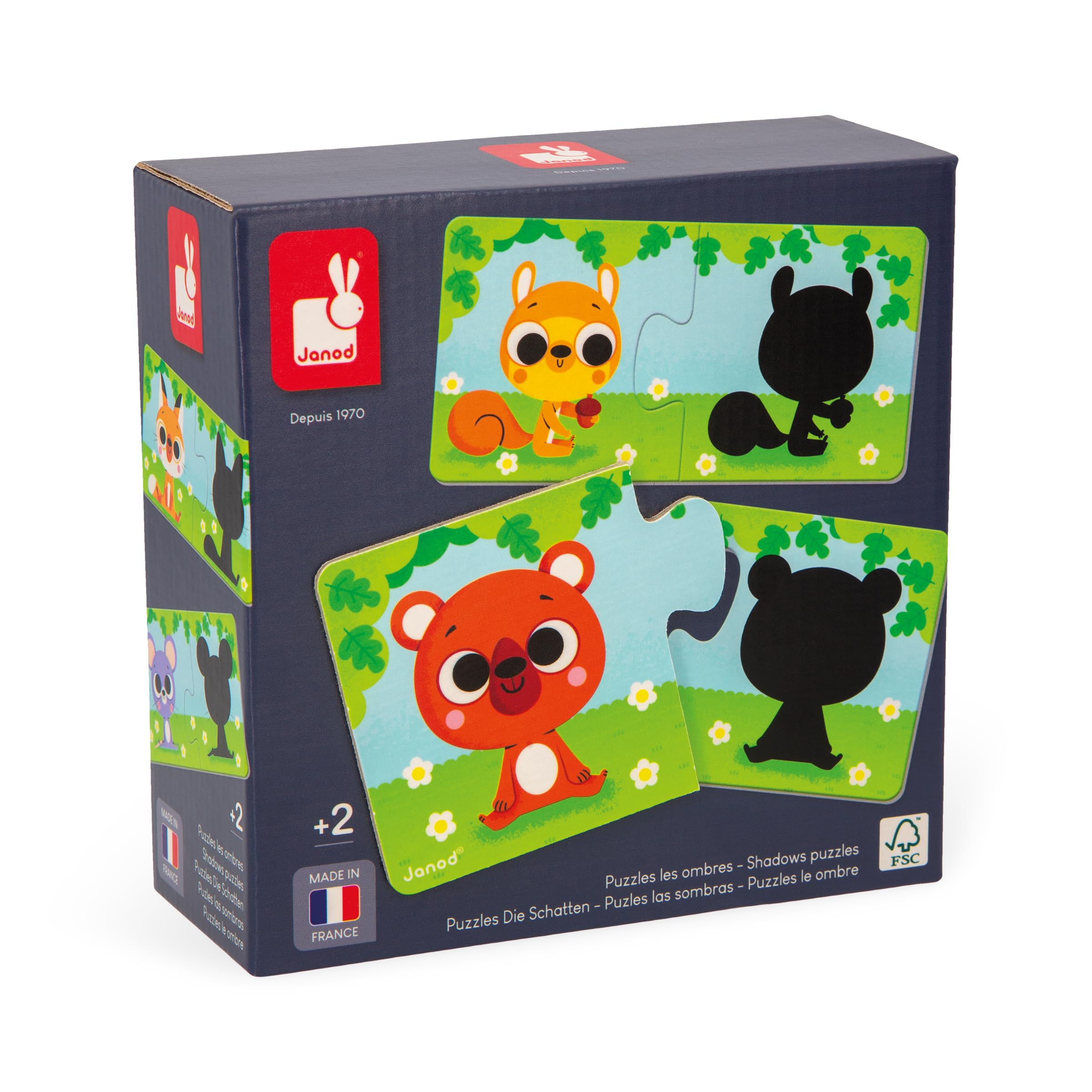 Janod - Animals and their Shadows Puzzle - 12 Cardboard 2-Piece Puzzles - Educational Game - Fine Motor Skills and Concentration - FSC Product and Vegetable Inks - Made in France - Ages 2 + - J02701