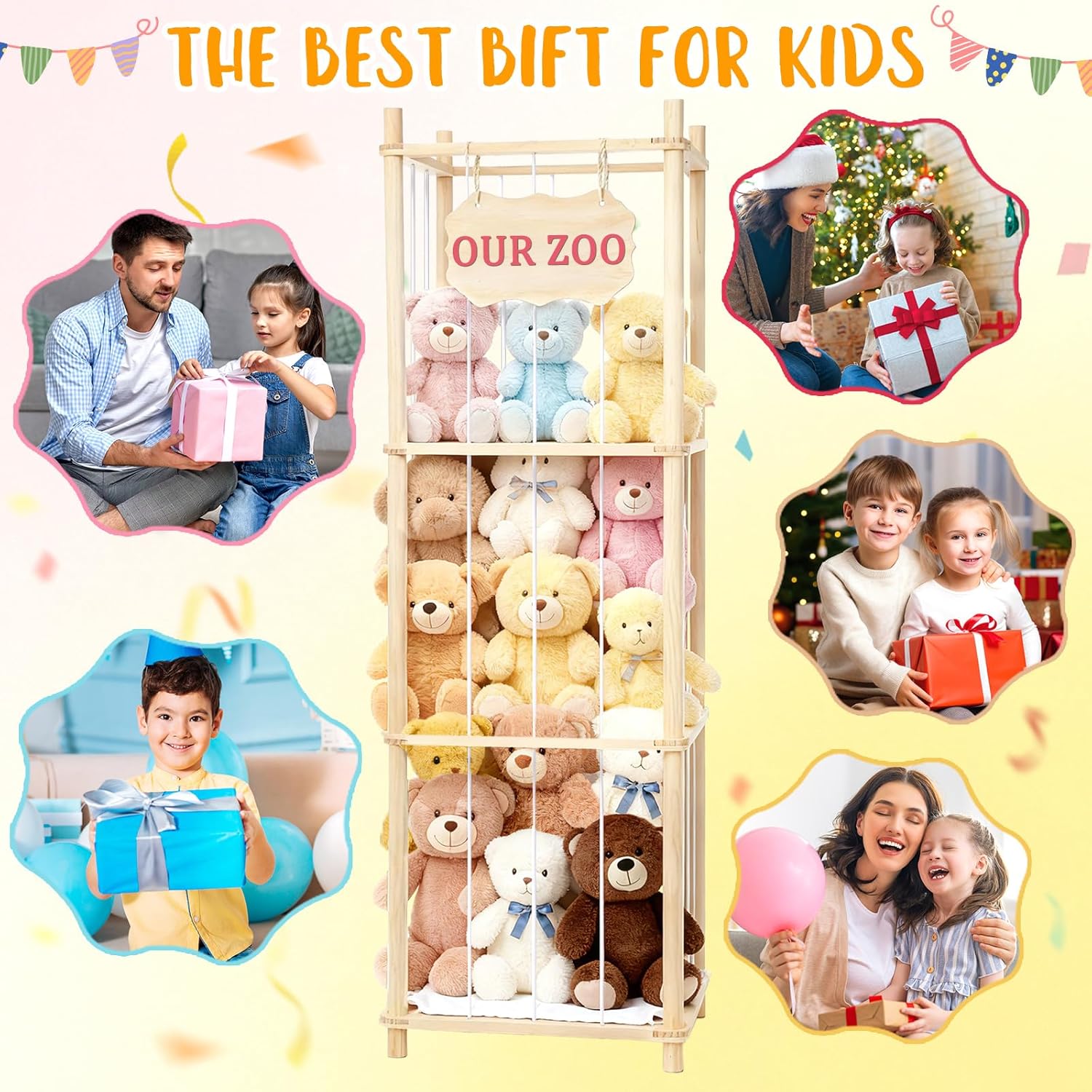 Stuffed Animal Storage & Organizer, Wooden Large Capacity Stuffed Animal Zoo with Elastic Cords, Sturdy Space-Saving Plushie Toy Shelf Cage Tower for Bedroom Playroom Nursery 54 in, Easy to Install - Image 7