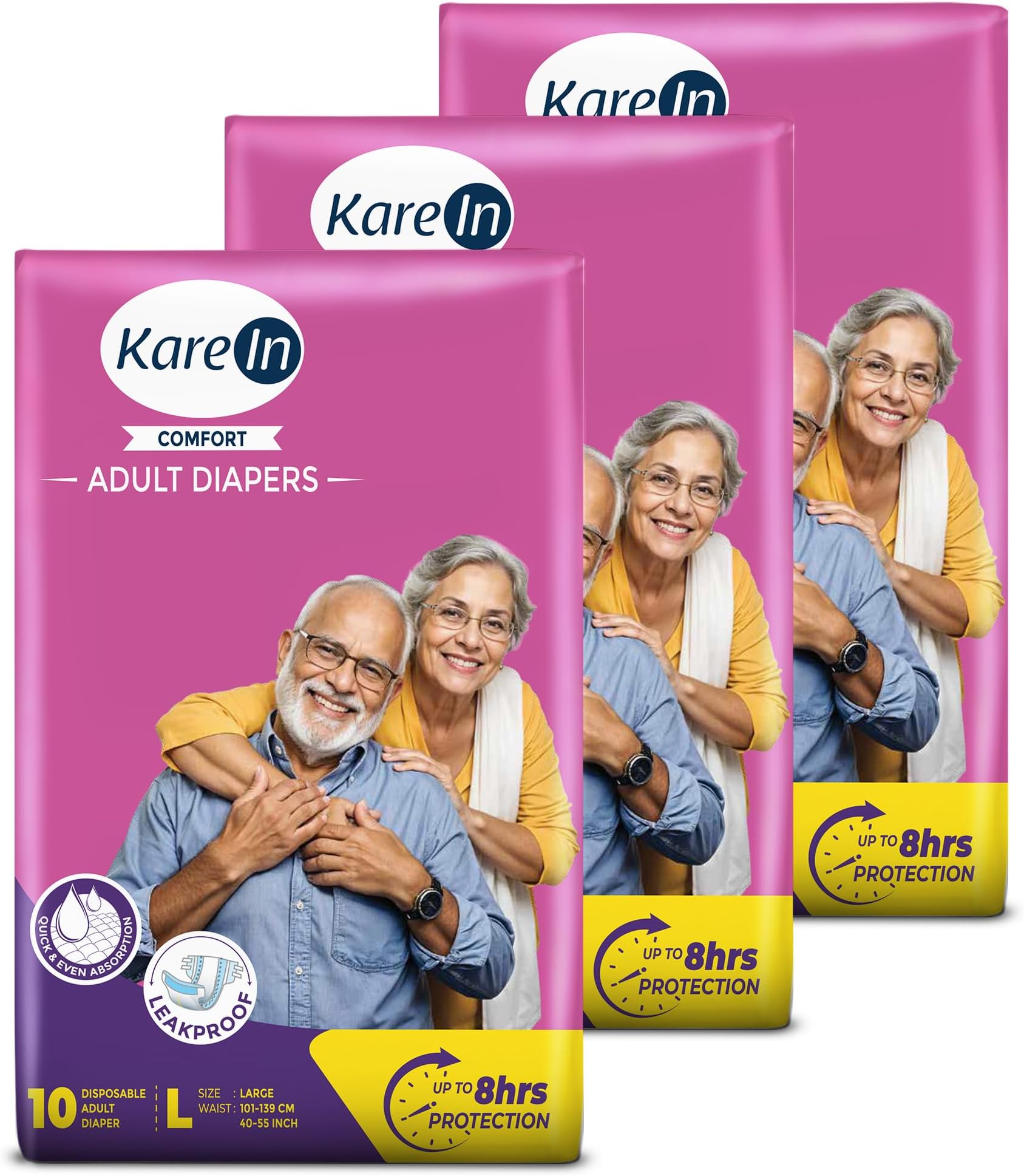 KareIn Comfort Adult Diapers, Large, Waist Size 101-139 Cm (40"-55"), Tape Style, Unisex, High Absorbency, Leak Proof, Wetness Indicator, Pack of 3, 30 Count
