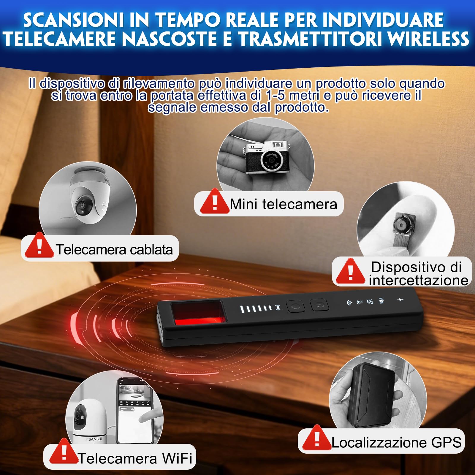 Detectores de Cámara Oculta 5 in 1, GPS Detector de Dispositivo Oculto, Detector de Errores, Detector Antiespía, Detector de Señal RF, per Casa, Hotel, Ufficio | Sicurezza Antispia