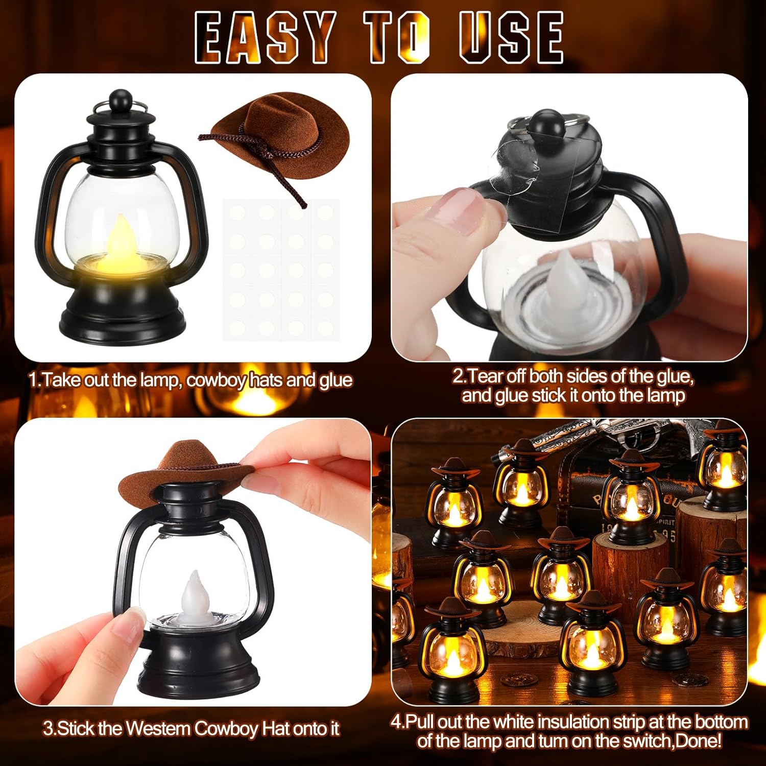 Ferraycle 12 Pcs Mini Cowboy Hats Lantern Decoration Western Cowgirl Lantern with LED Candle Small Brown Hanging Decor Rustic Camping Table Centerpieces for Wedding Birthday Party Supplies