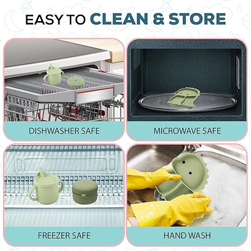 Miniatura 7 de SiliTime - Juego de alimentación de bebé de silicona con temática de dinosaurios, tapete de succión con receptor de alimentos y chupete, 8 piezas