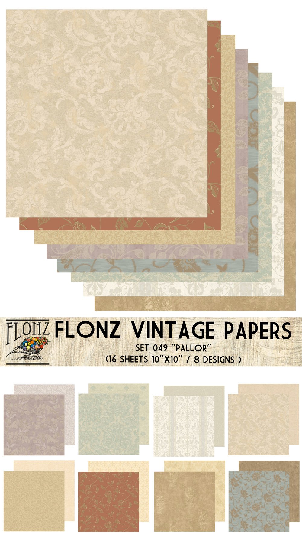 FLONZ Vintage Paper Pack For Scrapbooking - 18 Sheets (25x25cm), Double Sided, Old Oak Designs, 160gsm Cardstock