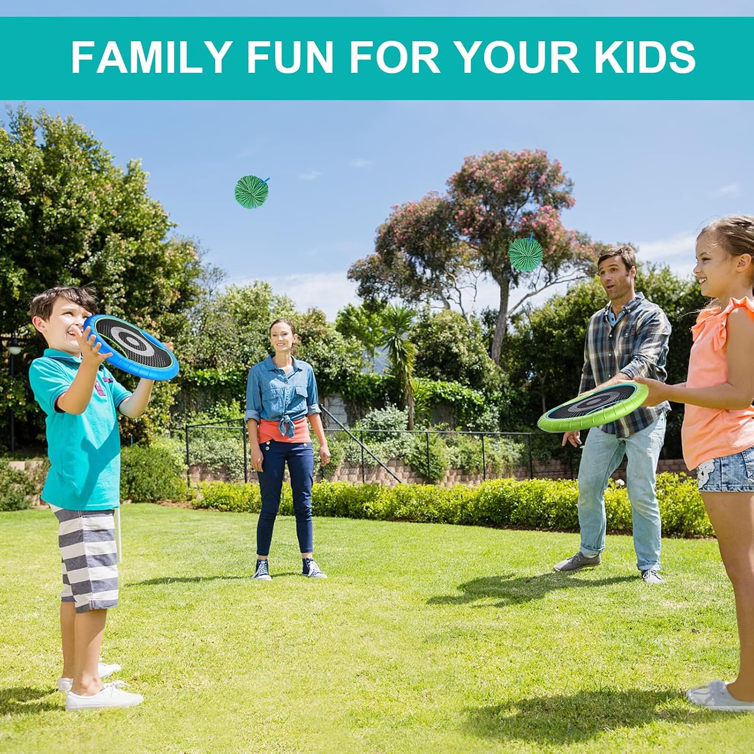 Trampoline Paddles Disc,Indoor Outdoor Game for 4 Players,Camping Game for Kids, Adults,Couples, Friends,Family, Includes 4 Rackets, 3 Rubber Koosh Balls,1 Storage Bag image 7 of 8 B07J4RC335