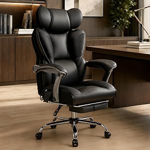 Fizzin PU Executive Office Chair, Big and Tall Ergonomic Office Chair with Footrest, Flip-Up Back Built-in Dynamic Airbag Lumbar Support and Interlocking Armrests (Black)