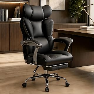 Fizzin PU Executive Office Chair, Big and Tall Ergonomic Office Chair with Footrest, Flip-Up Back Built-in Dynamic Airbag Lumbar Support and Interlocking Armrests (Black)