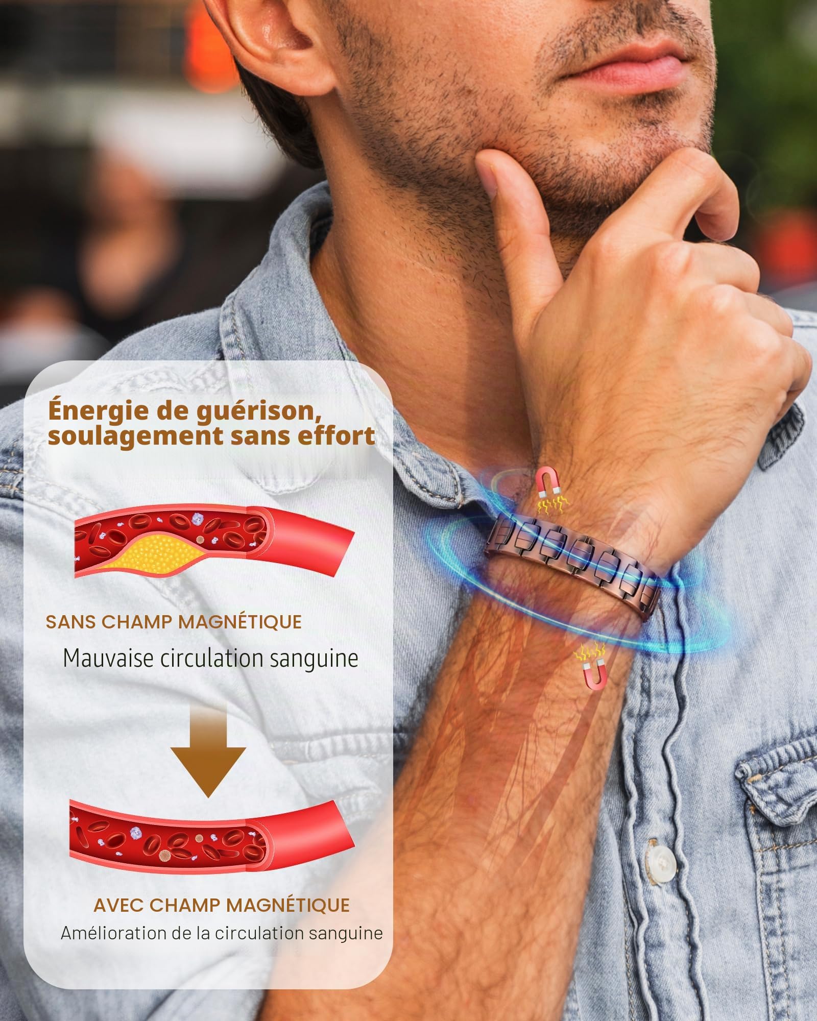 Jeracol Bracelet en cuivre croisé pour hommes, bracelet de thérapie magnétique avec aimants puissants 3800 gauss - 99,99% de cuivre pur et boîte cadeau, 22 cm