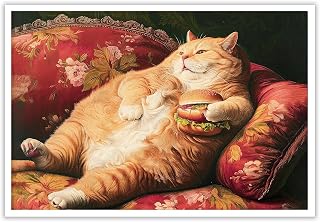 Funny Old Fat Cat With Hamburger Poster Vintage Lying In Sofa Cat Canvas Wall Art Victorian Renaissance Style Animal Prints Painting For Apartment Home Bedroom Dorm Wall Decor 12x16in Unframed
