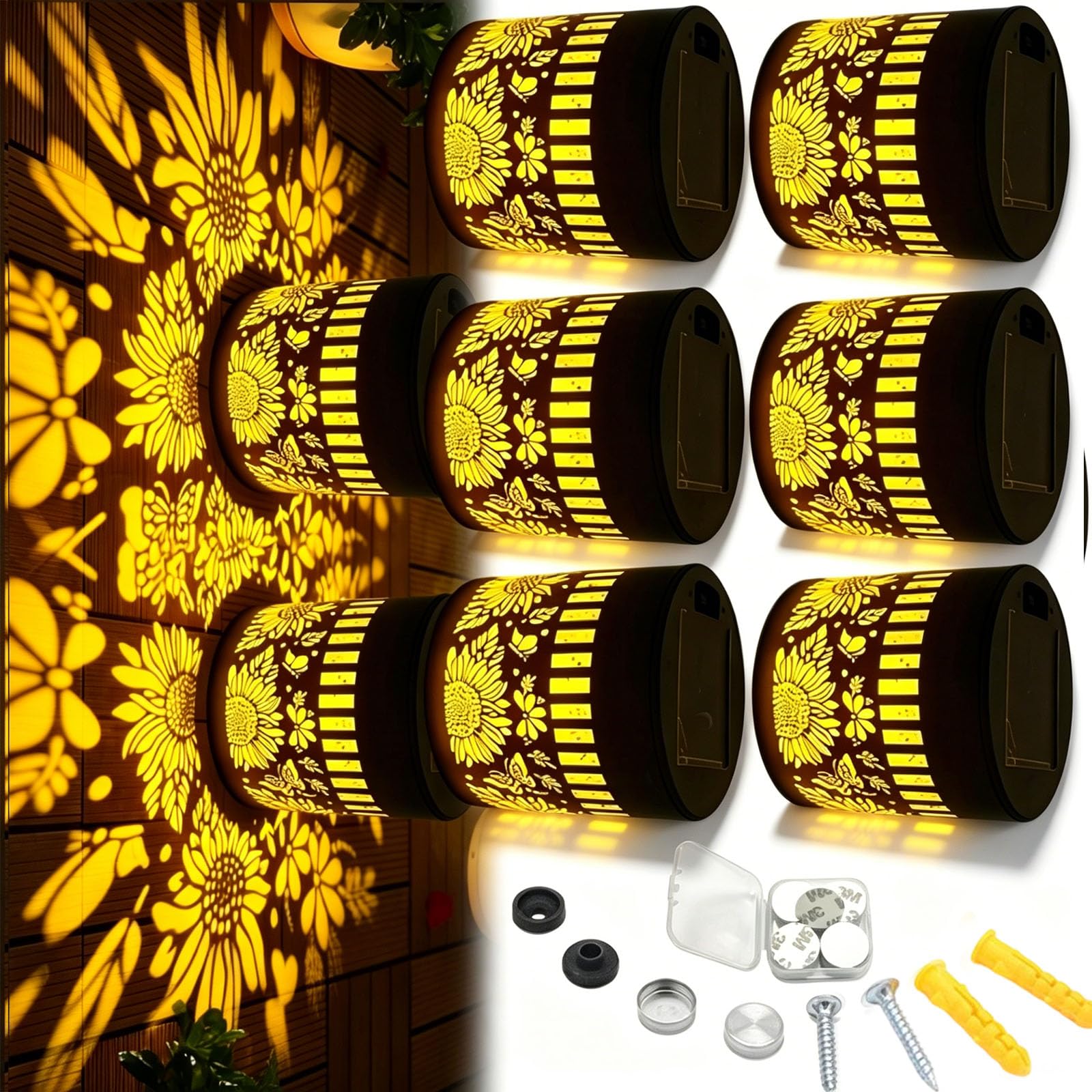 rialgirw Solar Mandala Wall Lights, Seven‑Color Changing Outdoor Decorative Projection Lamp, Waterproof Metal Fence Light for Yard Garden Patio Backyard Post (B,6PCS)