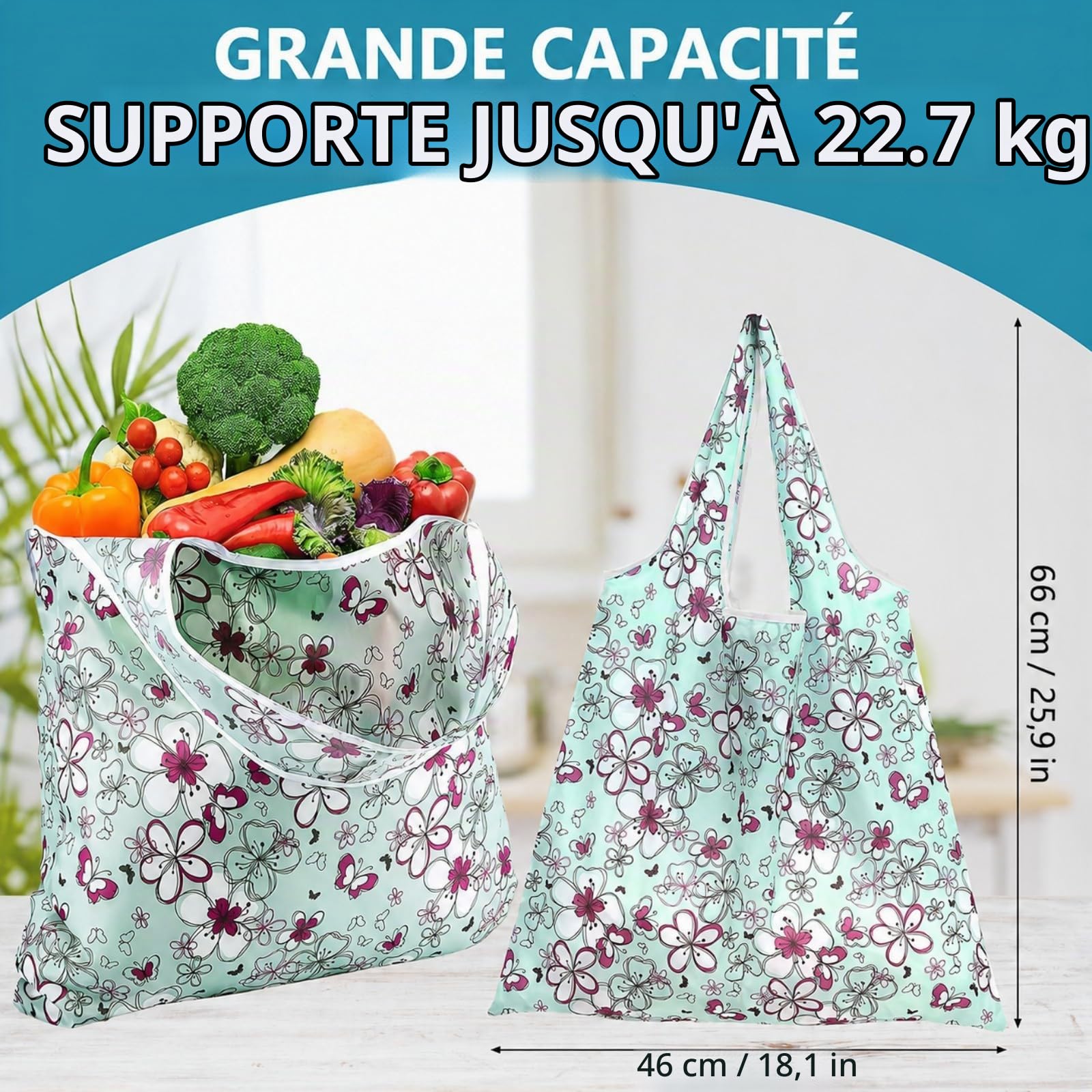 Lot de 24 Sacs Shopping Pliables Réutilisables, Grands Cabas Étanches et Lavables avec Pochette, Sacs Écologiques pour Femmes, Courses, Voyage et Activités en Plein Air - Motifs Floraux