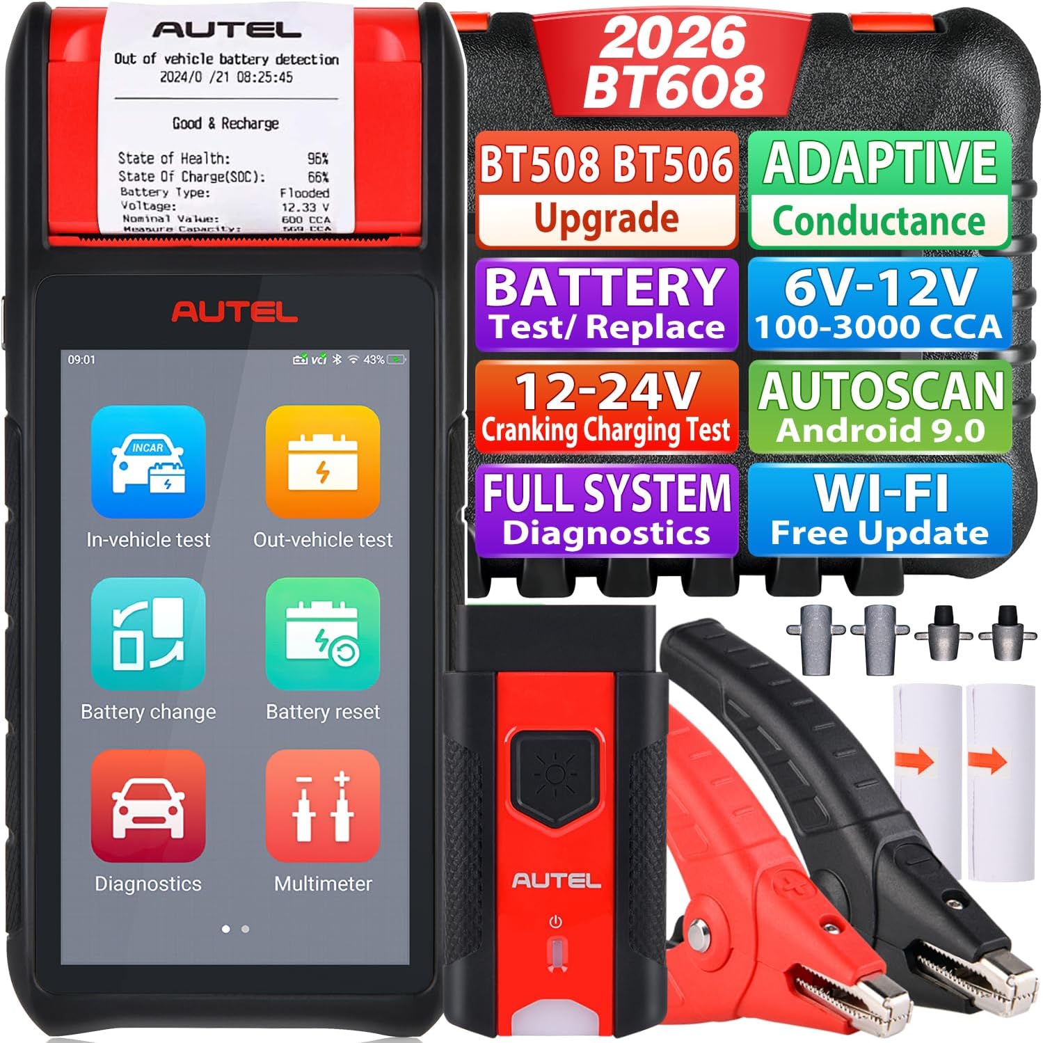 Battery Tester MaxiBAS BT608 (E), Up of BT508 BT506, 6-12V 100-3000CCA Automotive Load Test, Cranking Charging Test Tool w/Printer, Adaptive Conductance, All Systems Diagnostic as MK808S MX808S