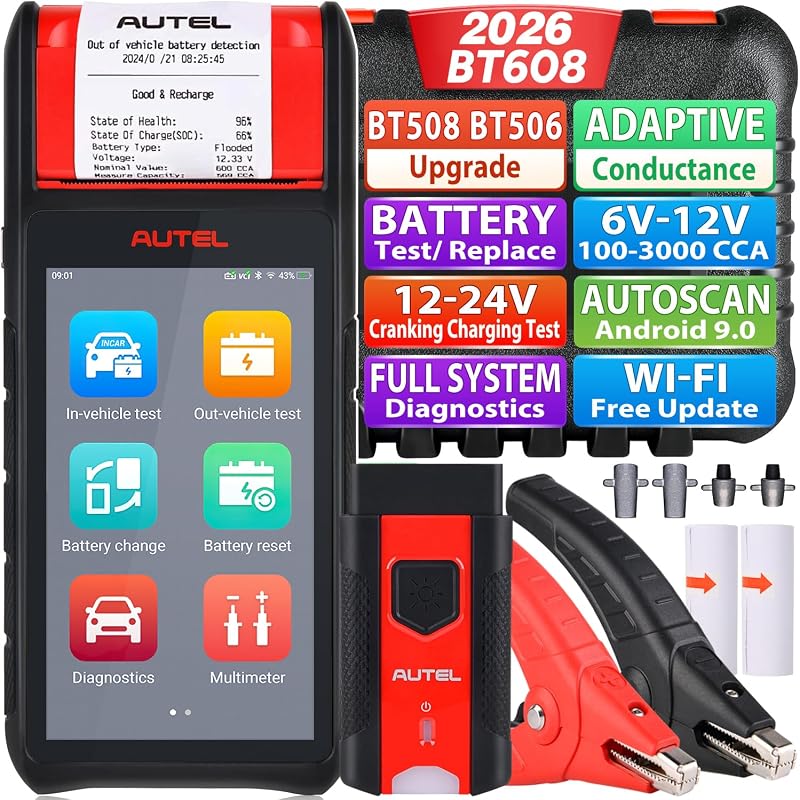 Probador de batería de automóvil Autel MaxiBAS BT608 (E) con diagnóstico de todos los sistemas | Prueba de carga automotriz 6-12V 100-3000CCA, analizador de carga de arranque con impresora, máxima precisión, escáner OBD2 como MK808S MX808S