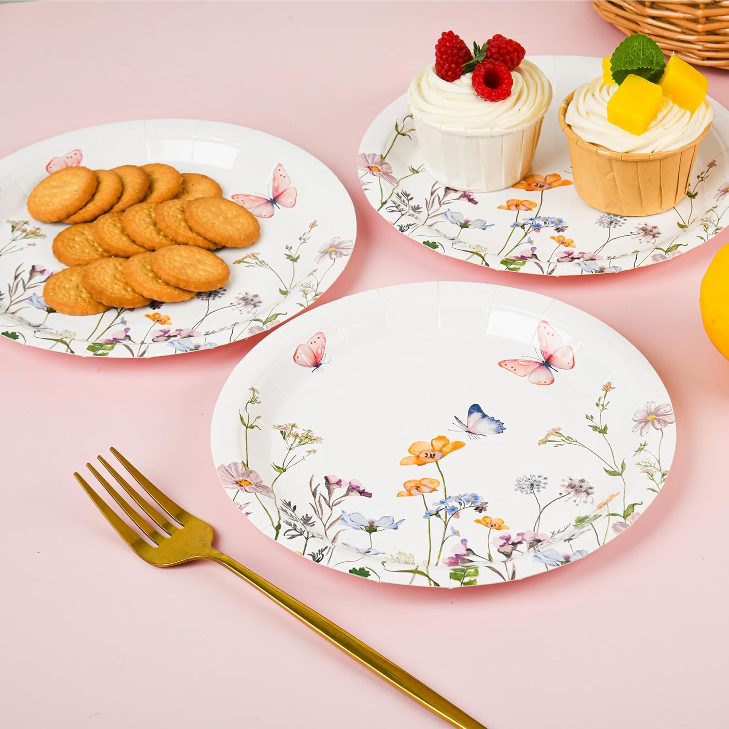 24 Pcs Wildflower Paper Plates Watercolor Floral Disposable Party Dessert Plate 7" Rustic Botanical Butterflies Plates for Spring Summer Bridal Baby Shower Tea Party Supplies - Image 4