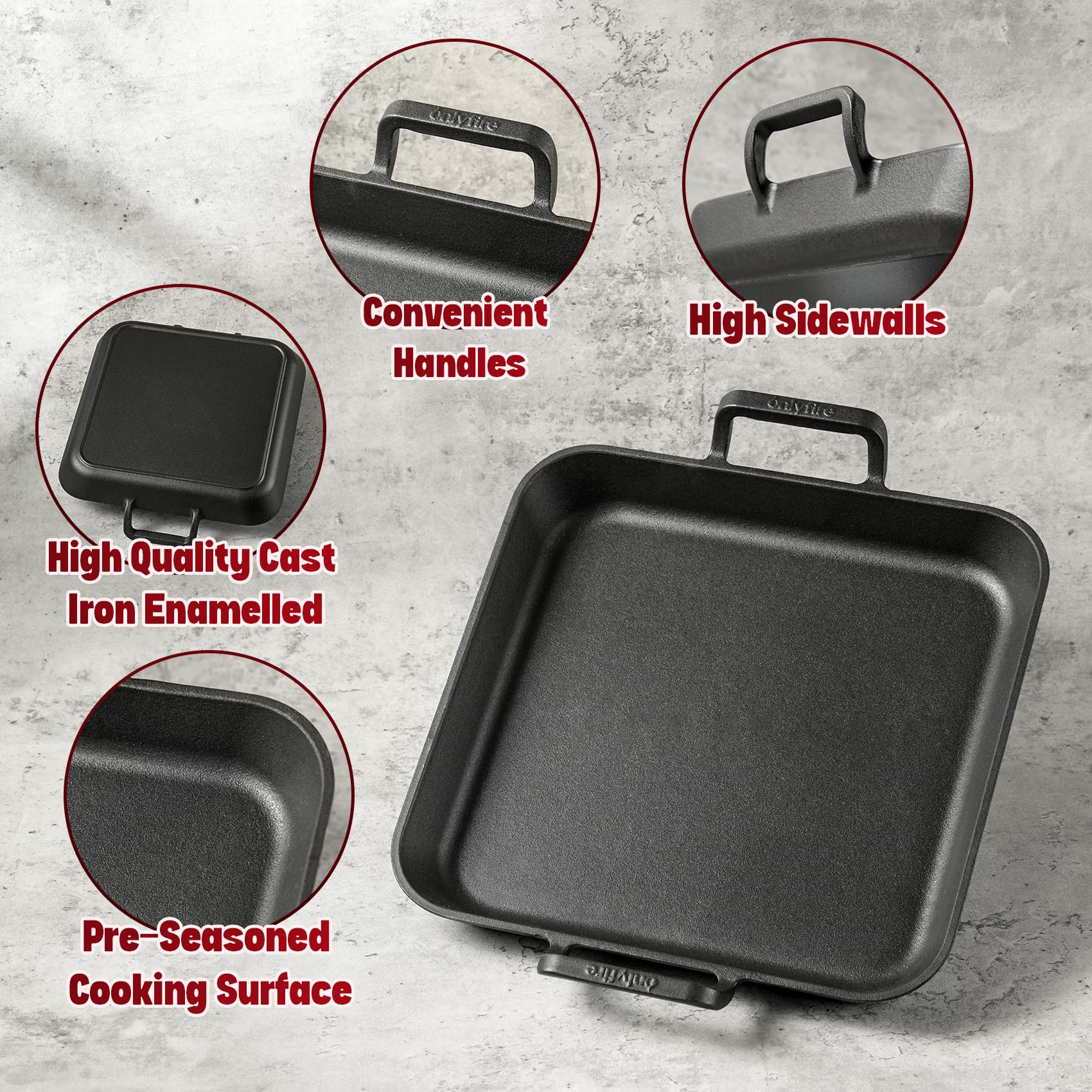 onlyfire Poêle en Fonte avec Poignée pour Barbecue, 31.5 x 31.5 cm, Plaque de Cussion pour BBQ, Poêles Gril Carrée, Accessoire pour Barbecue a Gaz, Charbon et Four