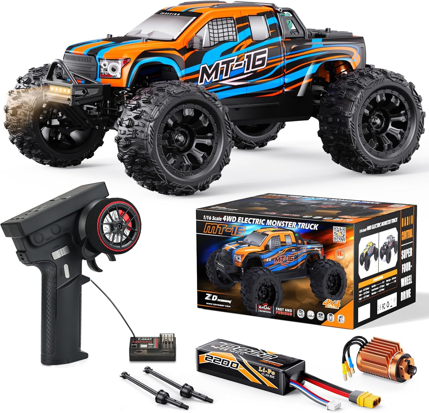 ZD Racing MT-16 1/16 50MPH Brushless 4WD RC Truck,Upgradeable All-Terrain Remote Control Cars with 3S Battery,Waterproof Fast Off-Road RC Truggy for Adults,Suitable as Gift for Snow/Sand Adventures