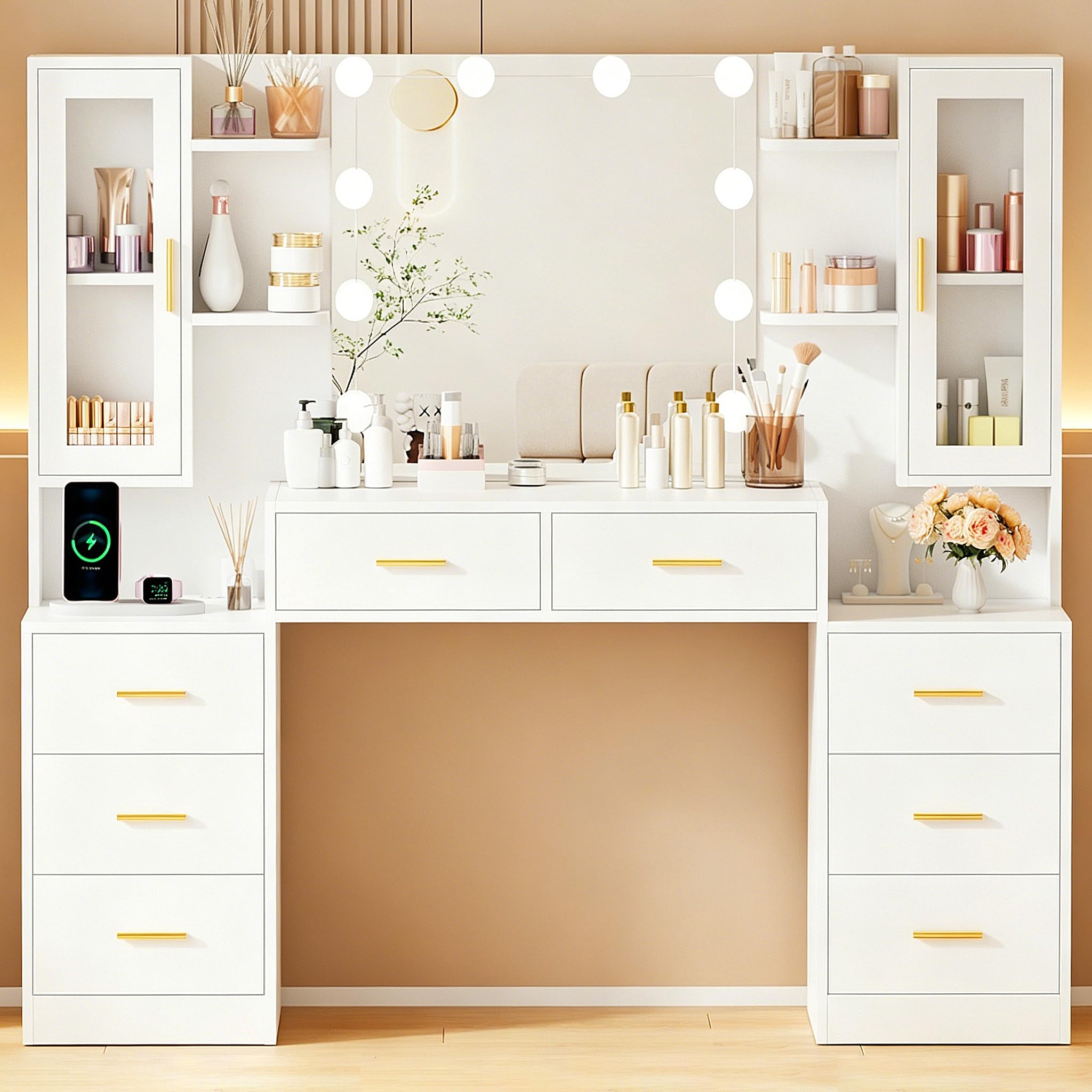 ANWBROAD 150cm Coiffeuse avec Miroir Éclairage LED Réglable 3 Couleurs Grande Coiffeuse avec Prises 8 Tiroirs 6 Étagères, 2 Placards avec Portes Table de Maquillage Moderne Blanc BDT67W