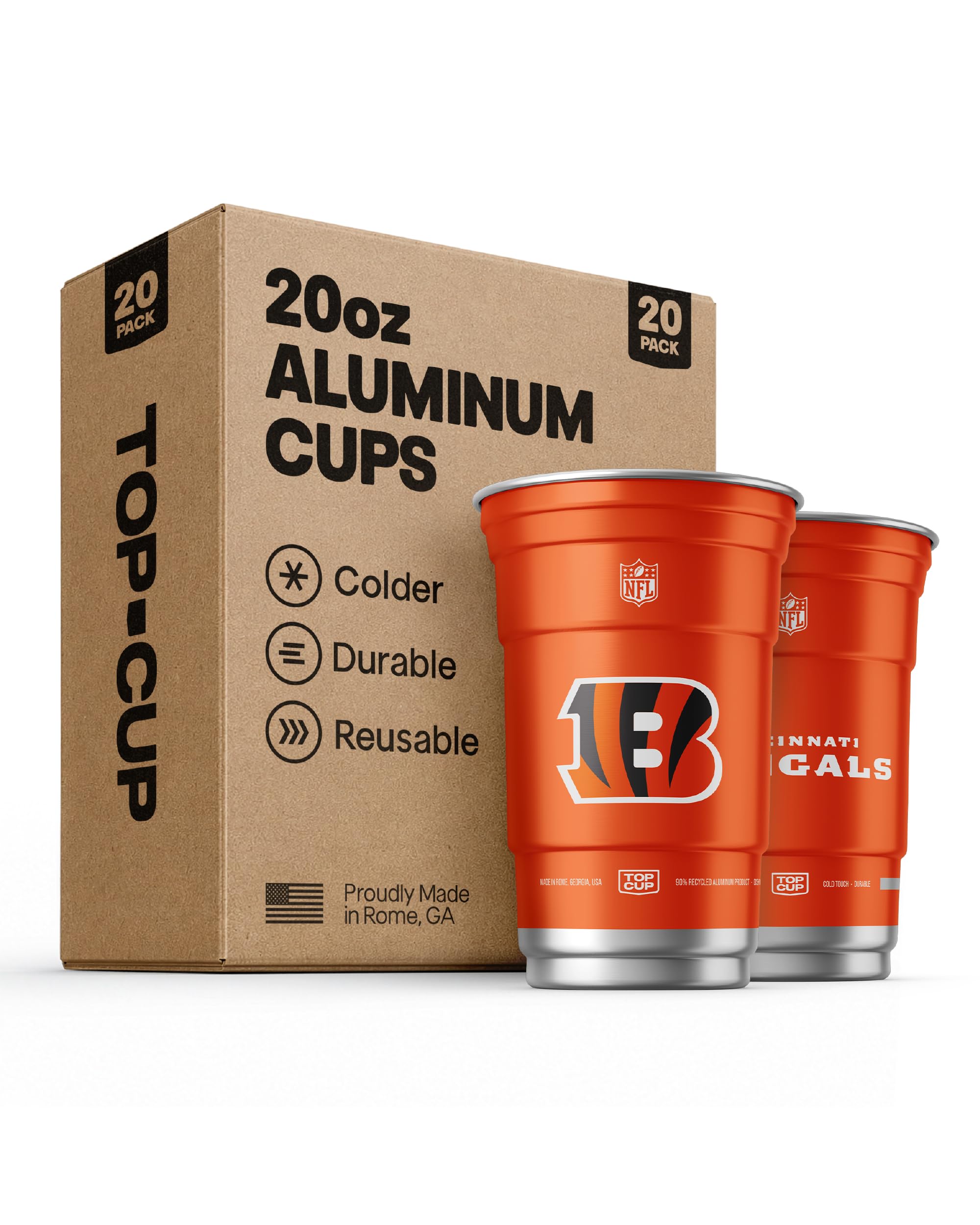 Top Cup NFL Cincinnati Bengals 20 oz Reusable Aluminum Cups 20 Count | Officially Licensed, Durable, Reusable & Recyclable, Made in USA