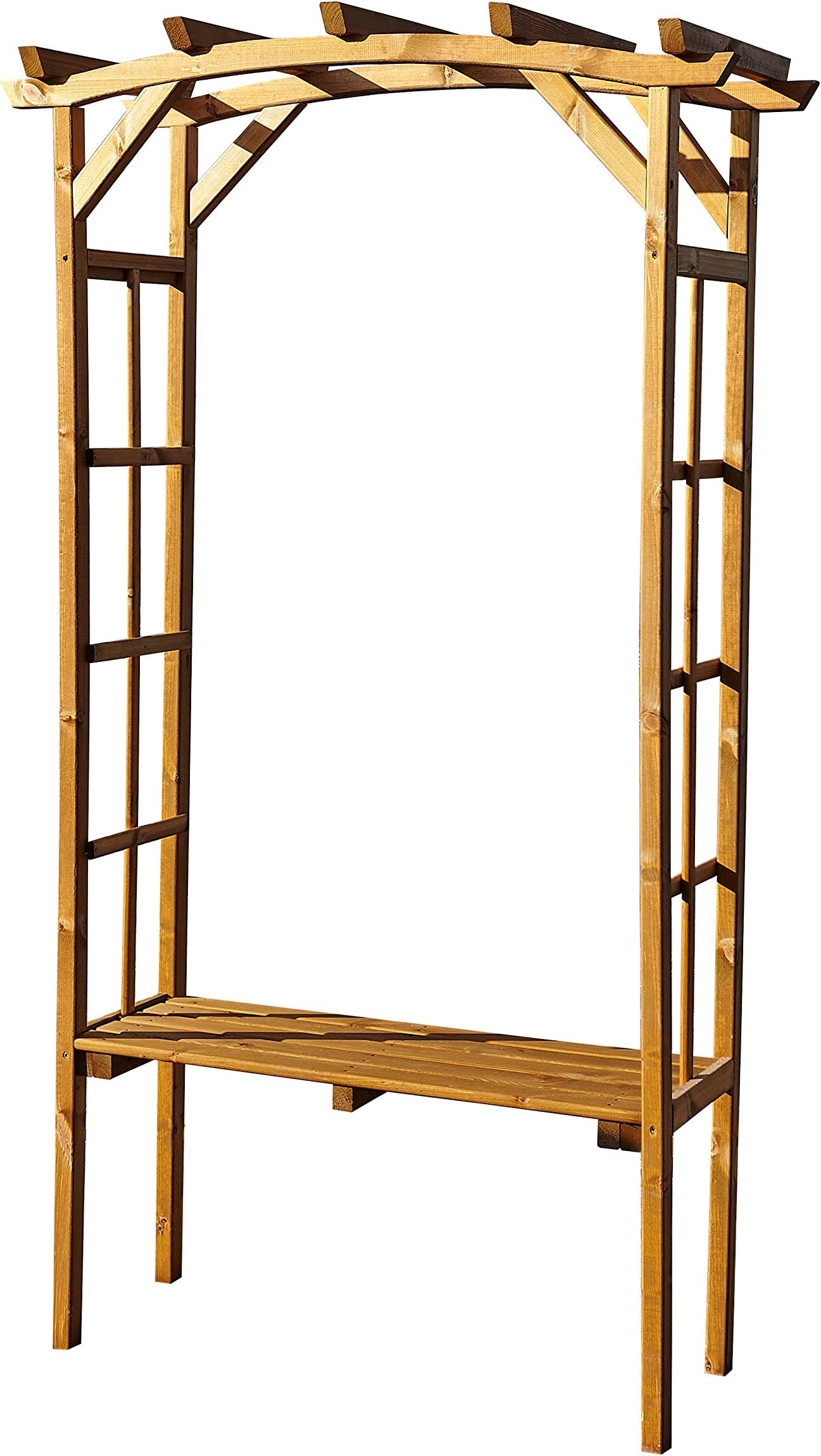 Curved Tan Wooden Garden Arch with Seat - Arbour Bench Rose Entrance - Pergola Trellis Plant Support - Outdoor Archway Arbor