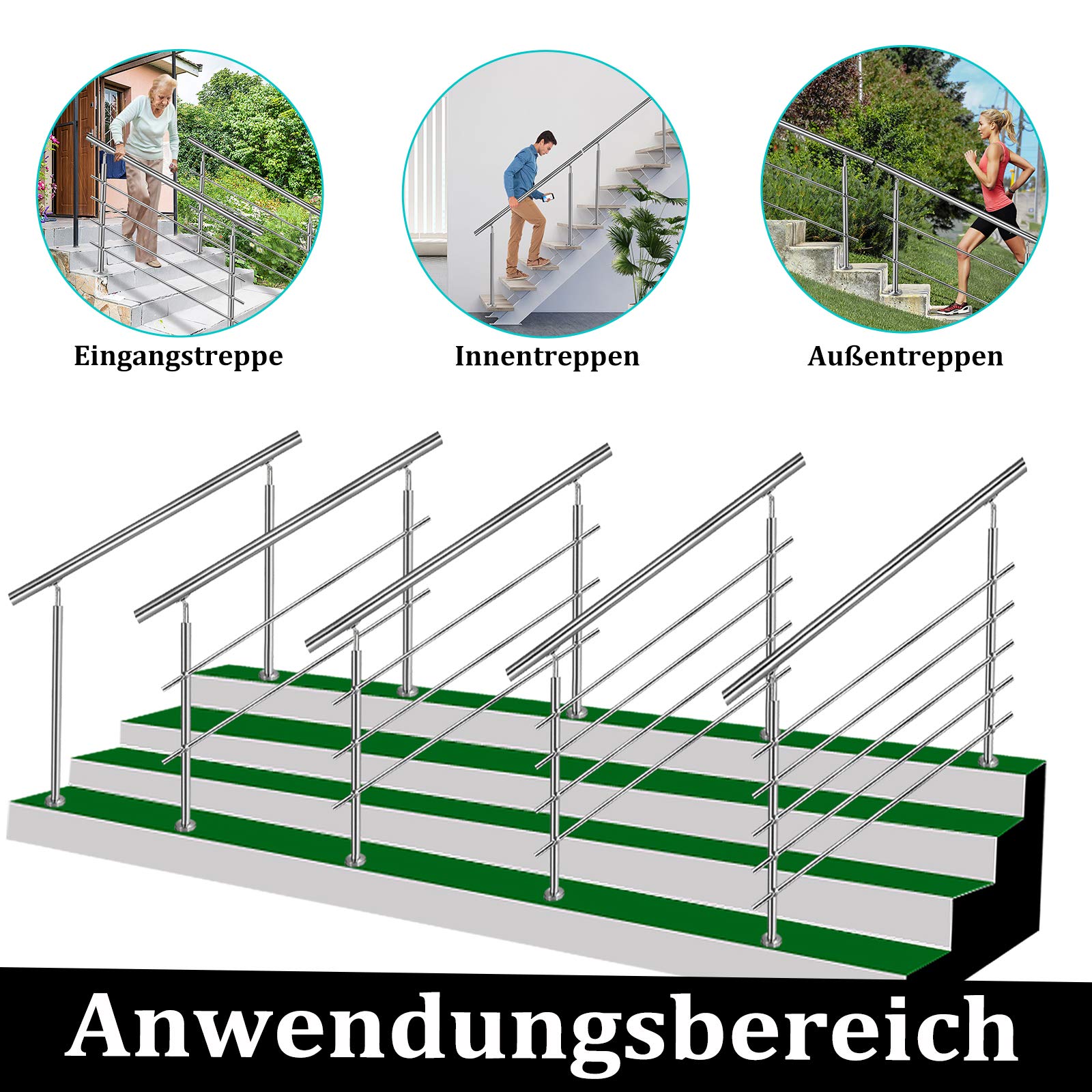 LZQ Corrimano in acciaio inox, ringhiera per scale, interni ed esterni, ringhiera in acciaio inox, ringhiera esterna per scale, parapetti, balcone, giardino (180 cm, con 2 barre trasversali)