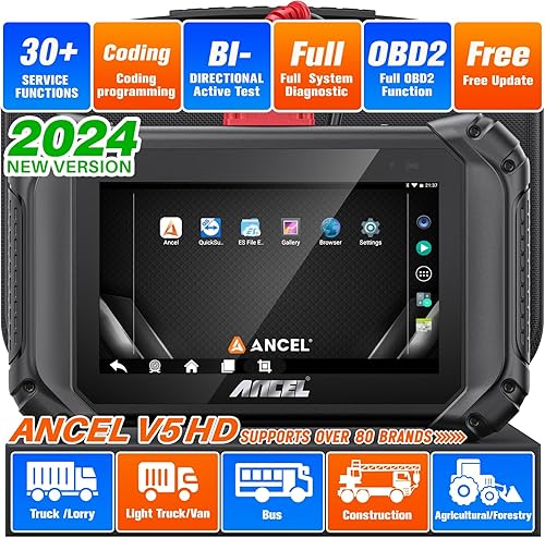 ANCEL V5 HD - Escáner de camión resistente, herramienta de diagnóstico diésel bidireccional Elite 2024, codificación ECU, más de 40 reinicios,