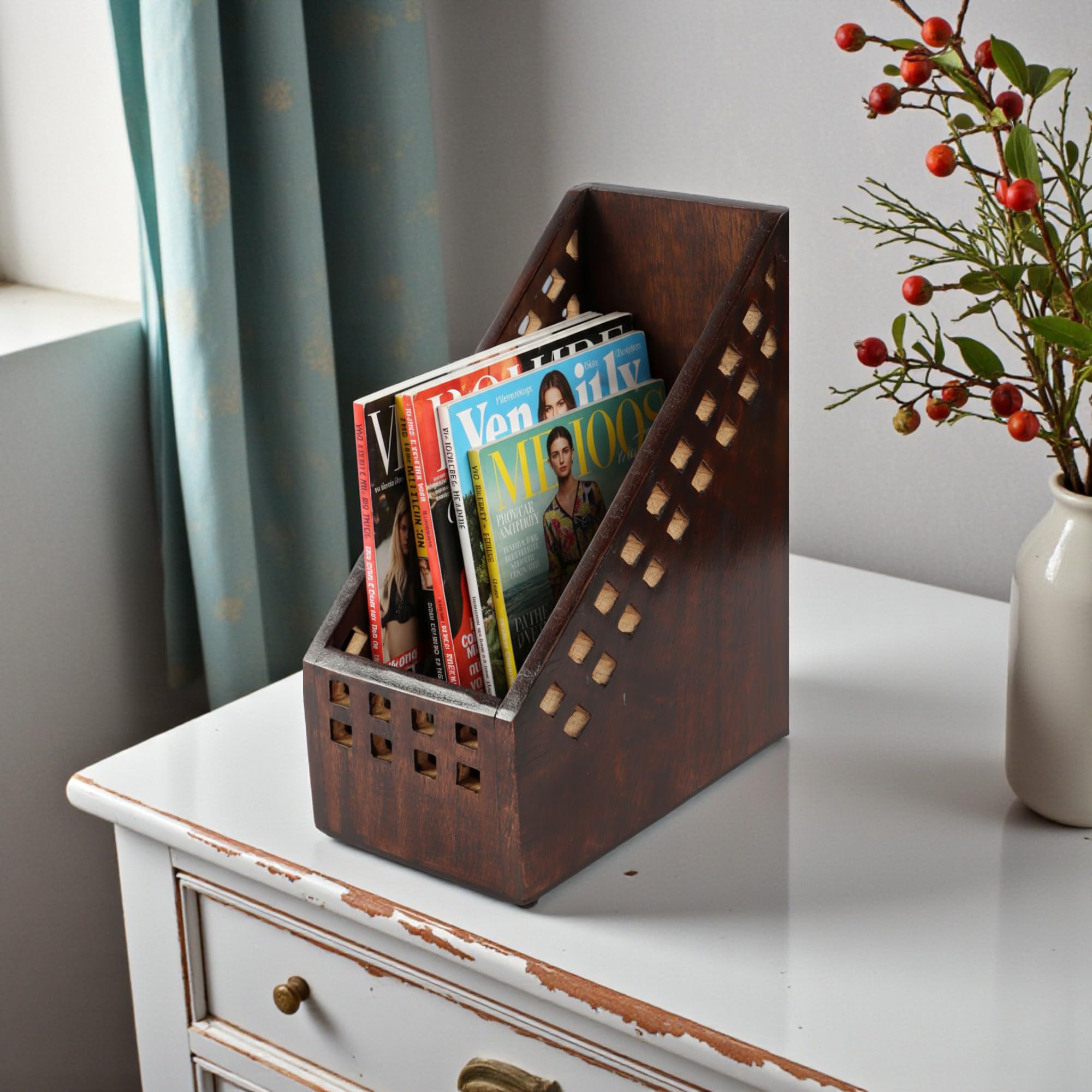 THE URBAN STORE Magazine Holder, Book Holder, Paper Stand Table Top Wooden Walnut Color 22 x 13 x 27 CM Pack Of One French Country Style Elegantly Hand Crafted For Home And Office Decor TUSMG05BR