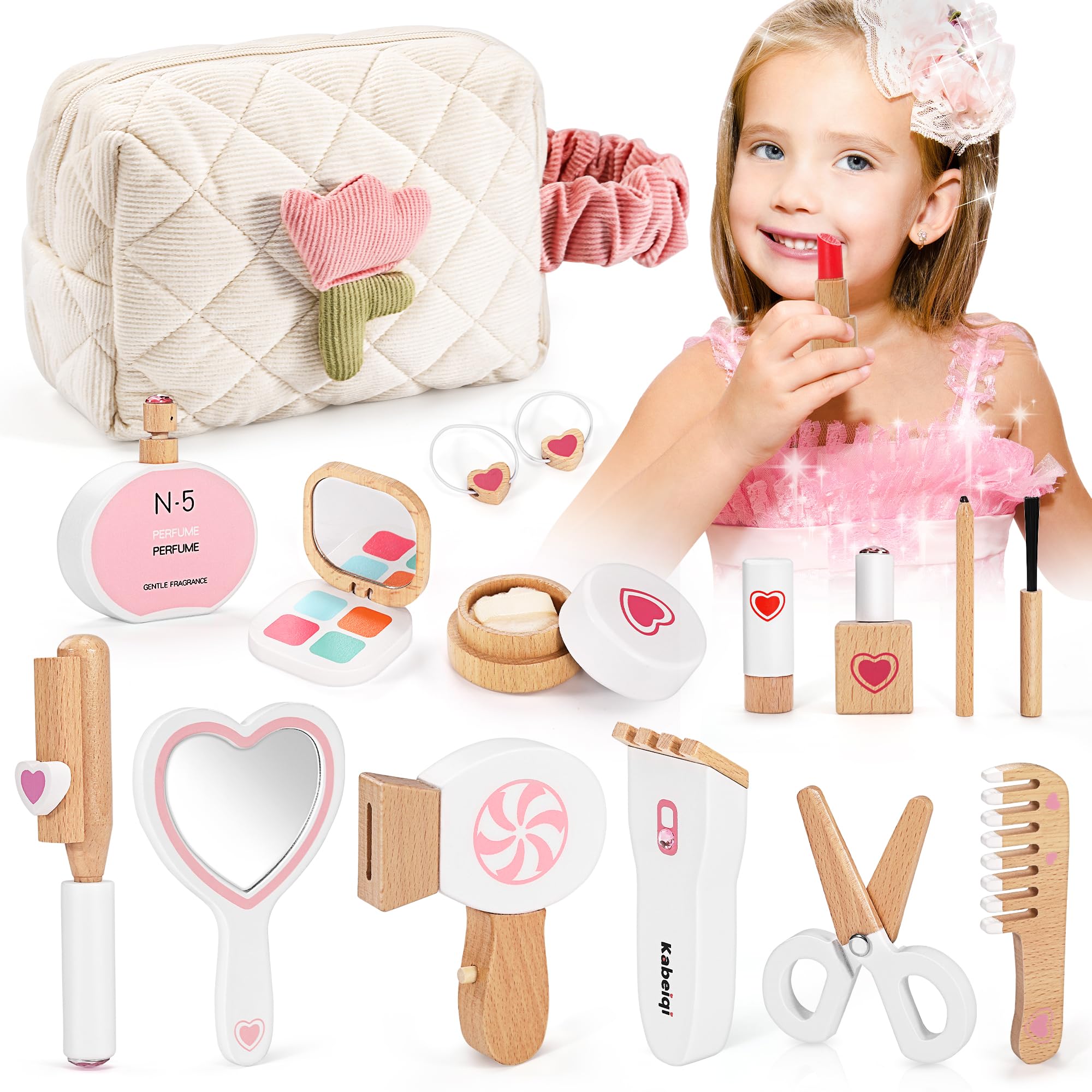 tetewood - Juego de juguetes de maquillaje de madera para niños, bolsa de cosméticos para niñas, juego de salón de belleza, regalo de cumpleaños para 3 a 6 años, 19 piezas tetewood - Juego de juguetes de maquillaje de madera para niños, bolsa de cosméticos para niñas, juego de salón de belleza, regalo de cumpleaños para 3 a 6 años, 19 piezas