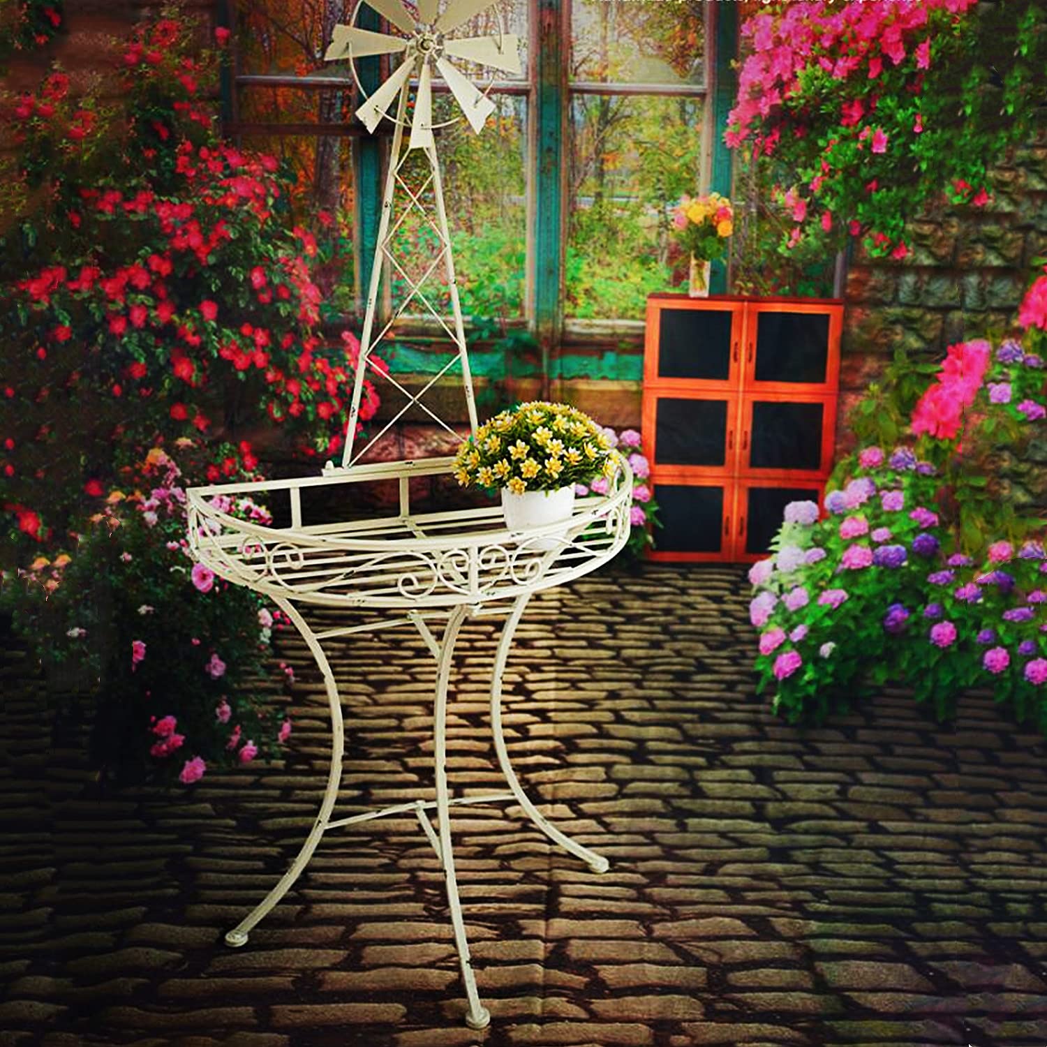 Tavolino bianco da esterno con design rotante con mulino a vento, resistente alle intemperie, tavolo da picnic portatile e tavolo da bistrot per giardino, piscina, portico, supporto per piante da