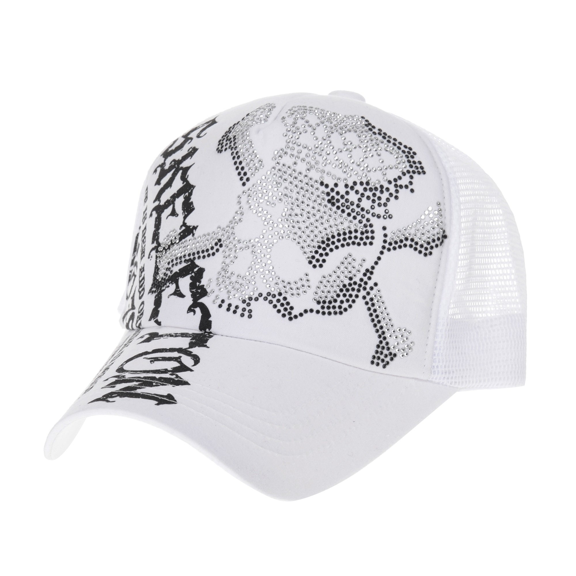 Withmoons Men's White Meshed Baseball Cap Skull Rhinestones Trucker Hat Kr1751 (White)