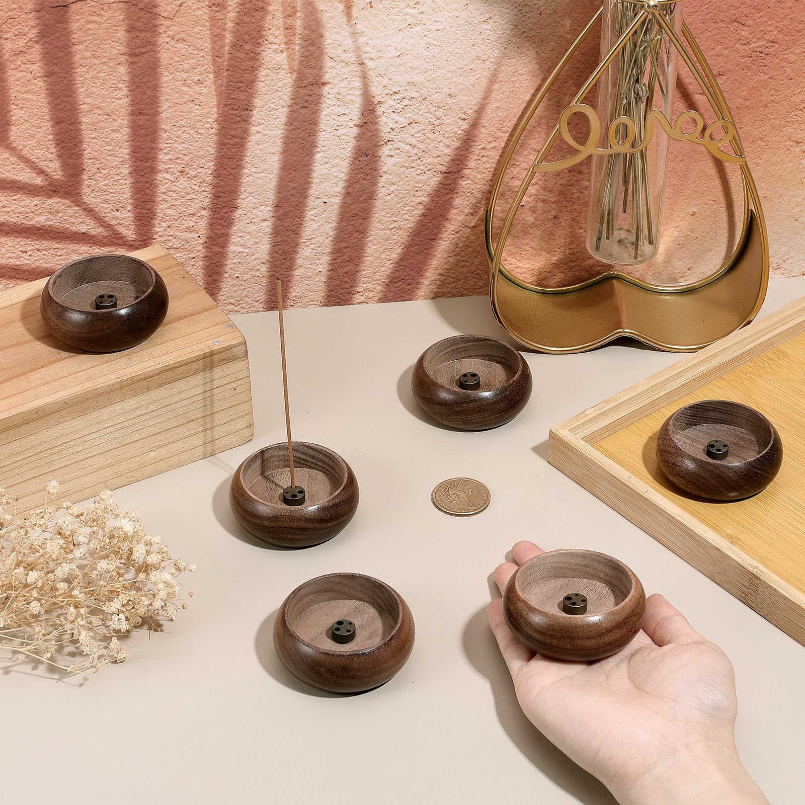 12 Porta Incenso per Bastone Porta Incenso Rotondo in Legno di Noce Bruciatore di Incenso con Ciotola Recuperatore di Ceneri per la Decorazione Interna Meditazione Yoga e Spa. Marrone cocco