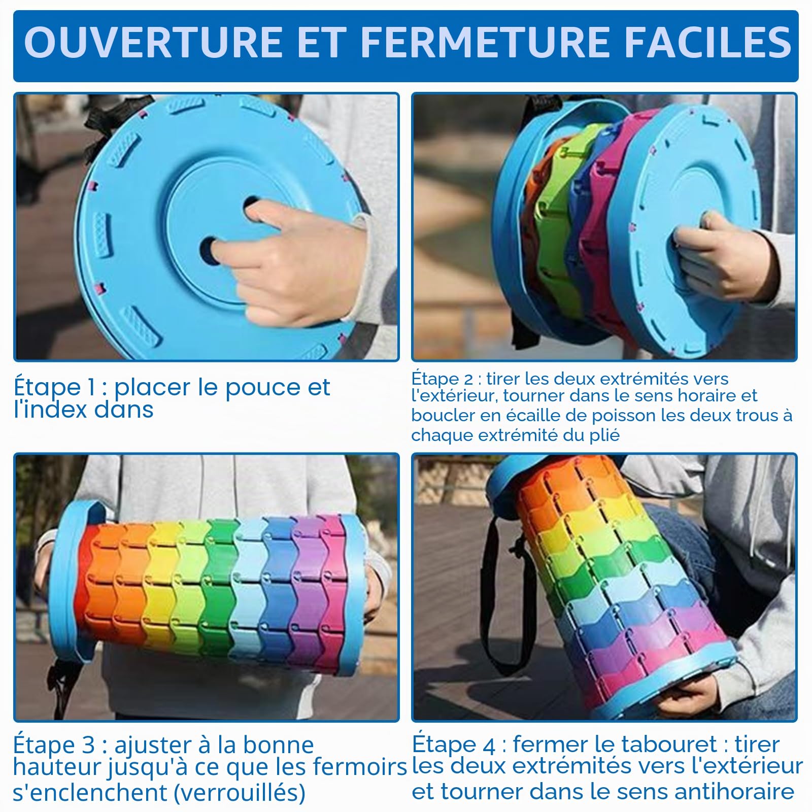 DAJAVE Lot de 2 tabourets télescopiques pliables et portables avec grande capacité de charge - Pour l'extérieur, le camping, la pêche, les familles en intérieur - Noir