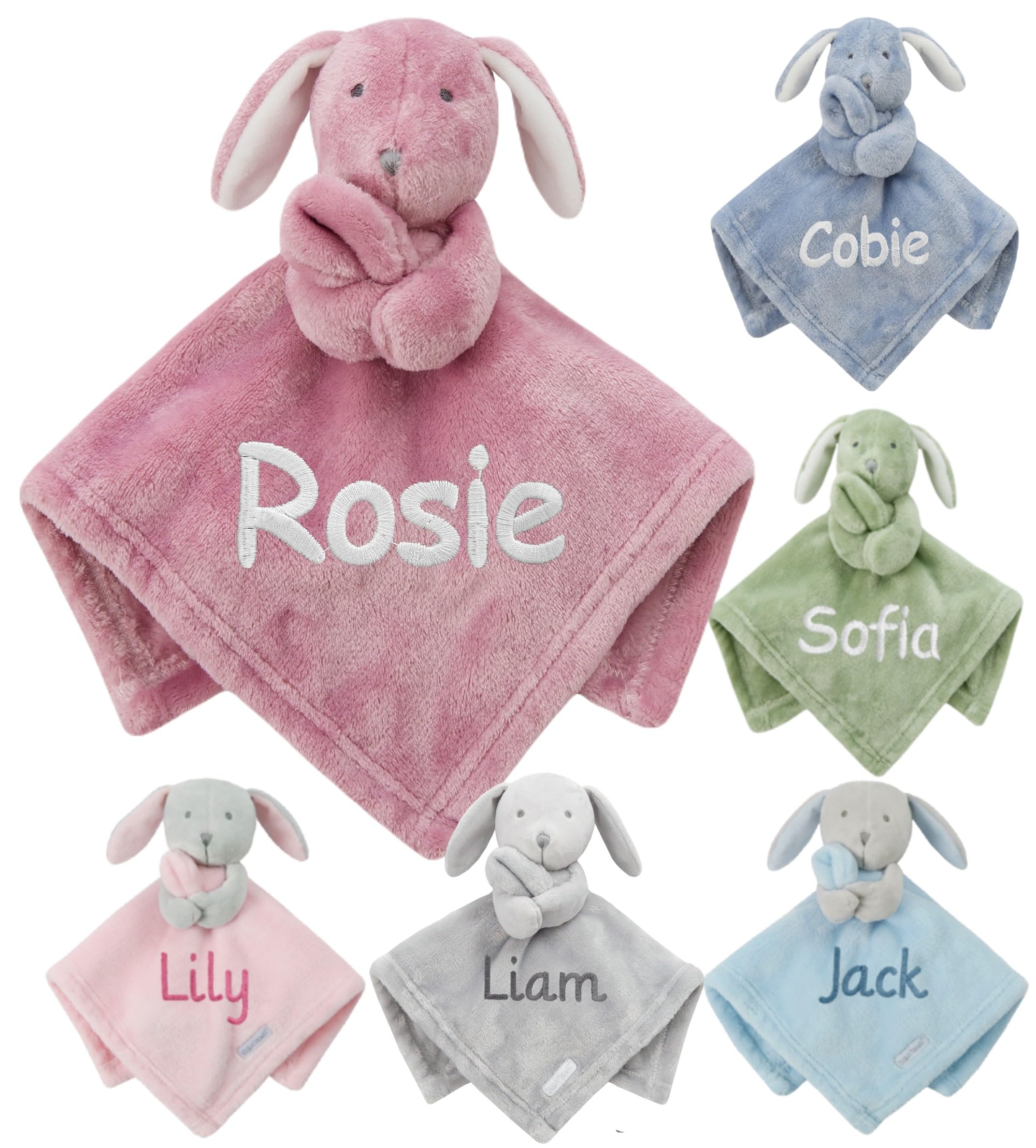 Gembroidery Personalised Baby Comforter Soft Toy Security Blanket Newborn Shower Gift Novelty Snuggly Keepsake Blankie Boy Girl (Dusky Pink Bunny)