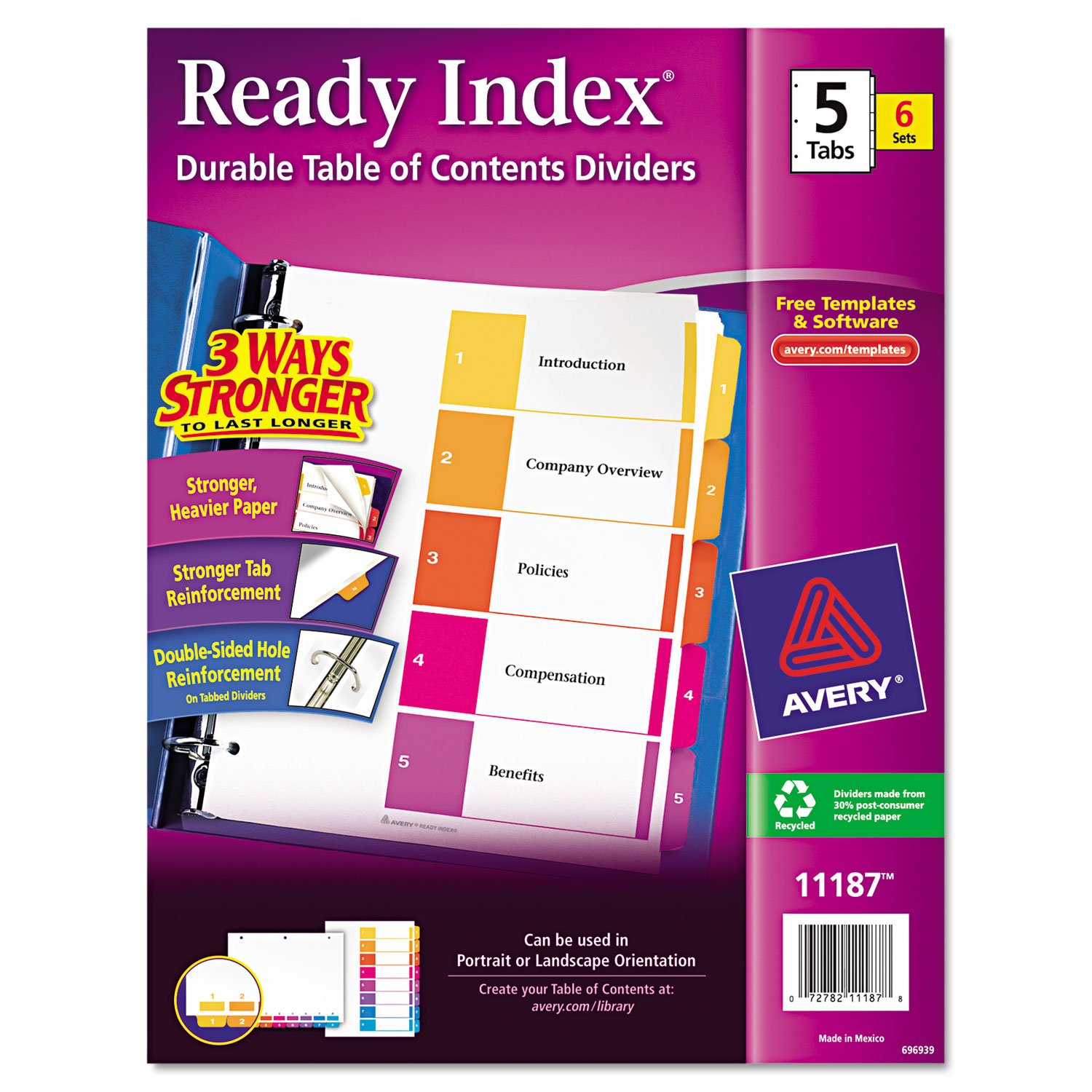Avery 11187 Ready Index Dividers, Tabs 1-5, Letter Size, Multicolor, 6 Sets/PK