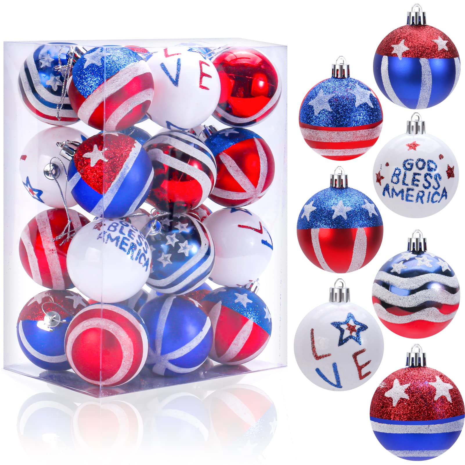 Independence Day Ball Ornaments Set, 24 Pcs American Flag Christmas Tree Ornaments, 2.36 inch 4th of July Ornaments Patriotic Hanging Ball Ornament for Independence Day Veterans Day Party Home Decor