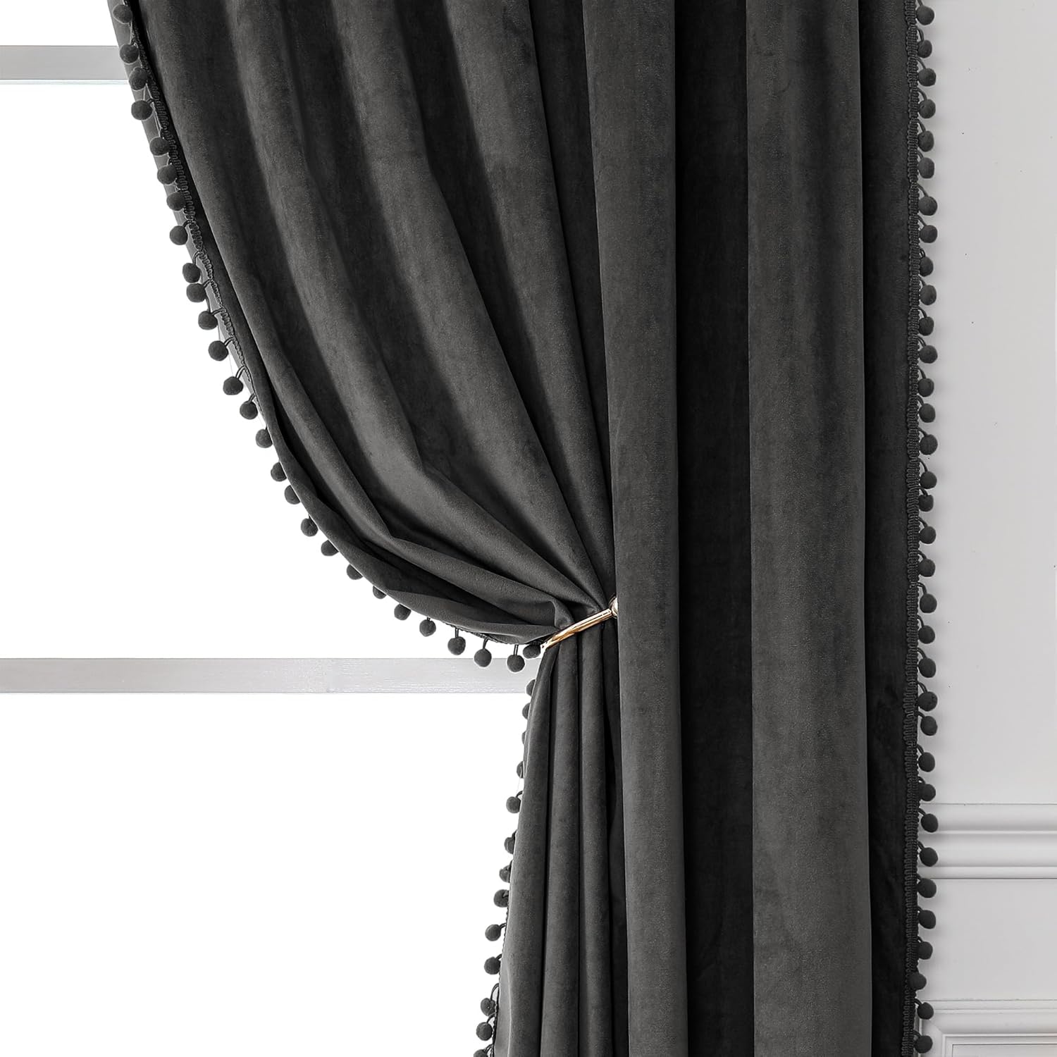 Victree Pom Pom Velvet Curtains for Bedroom, Blackout Curtains 52 x 84 inch Length - Room Darkening Sun Light Blocking Rod Pocket Window Drapes for Living Room, 2 Panels, Dark Grey