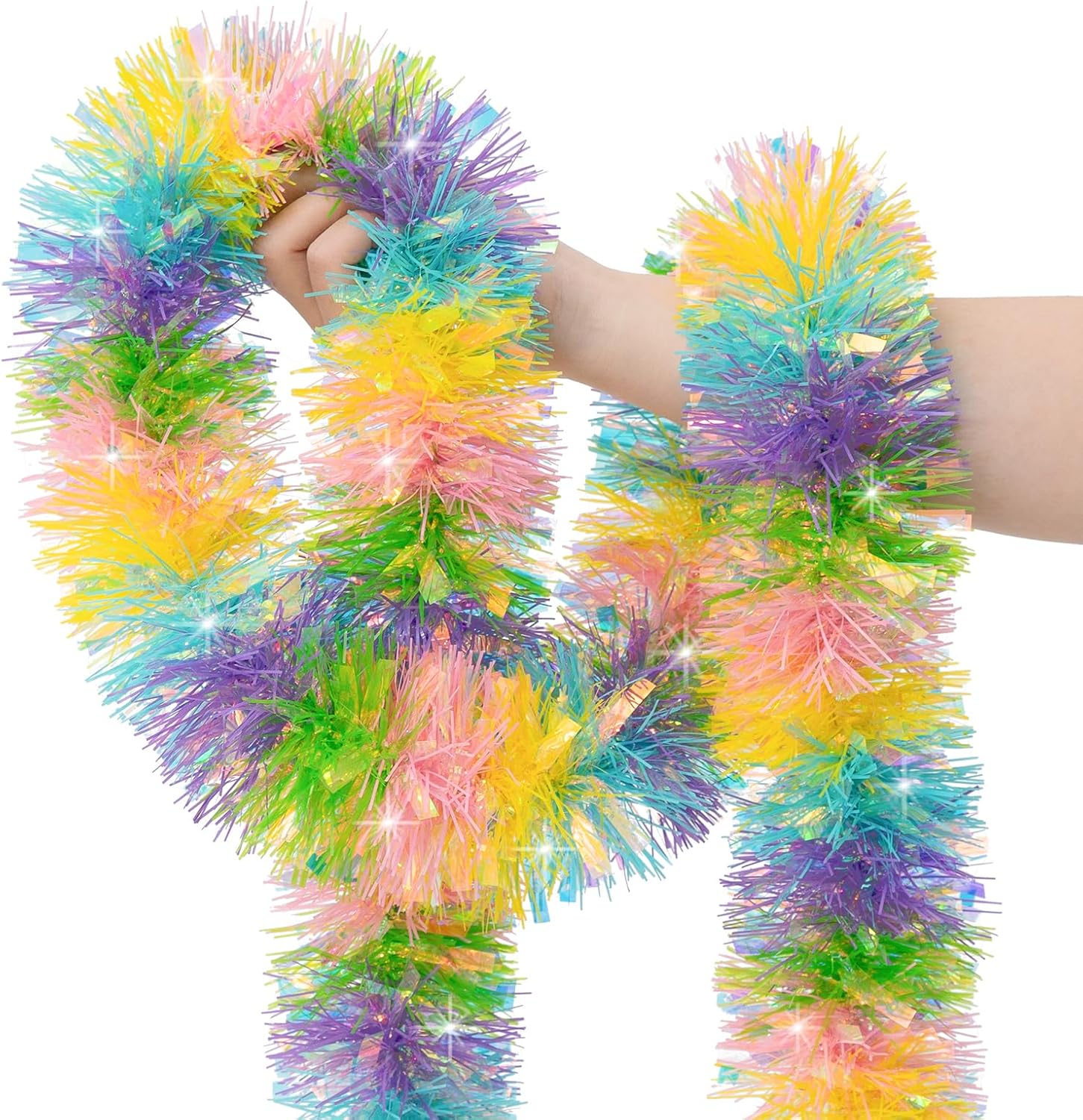 33FT Easter Tinsel Garland Colorful Metallic Twist Foil Tinsel Garland Glitter Spring Hanging Garland for Easter Party Door Tree Indoor Outdoor Decoration