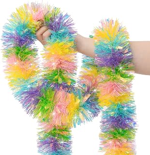 33FT Easter Tinsel Garland Colorful Metallic Twist Foil Tinsel Garland Glitter Spring Hanging Garland for Easter Party Door Tree Indoor Outdoor Decoration