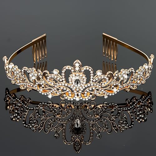 Miniatura 7 de YARIEW Corona dorada + velo de novia, tiara nupcial de boda con diamantes de imitación, decoraciones de despedida de soltera, regalo para mujeres y
