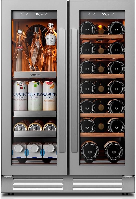 Ca'Lefort 24 Inch Wine & Beverage Refrigerator, Dual Zone Wine Fridge | 60 Can & 20 Bottle, 36-72°F Touch Control, Adjustable Shelves, Front Ventilation, Built in, Under Counter or Freestanding