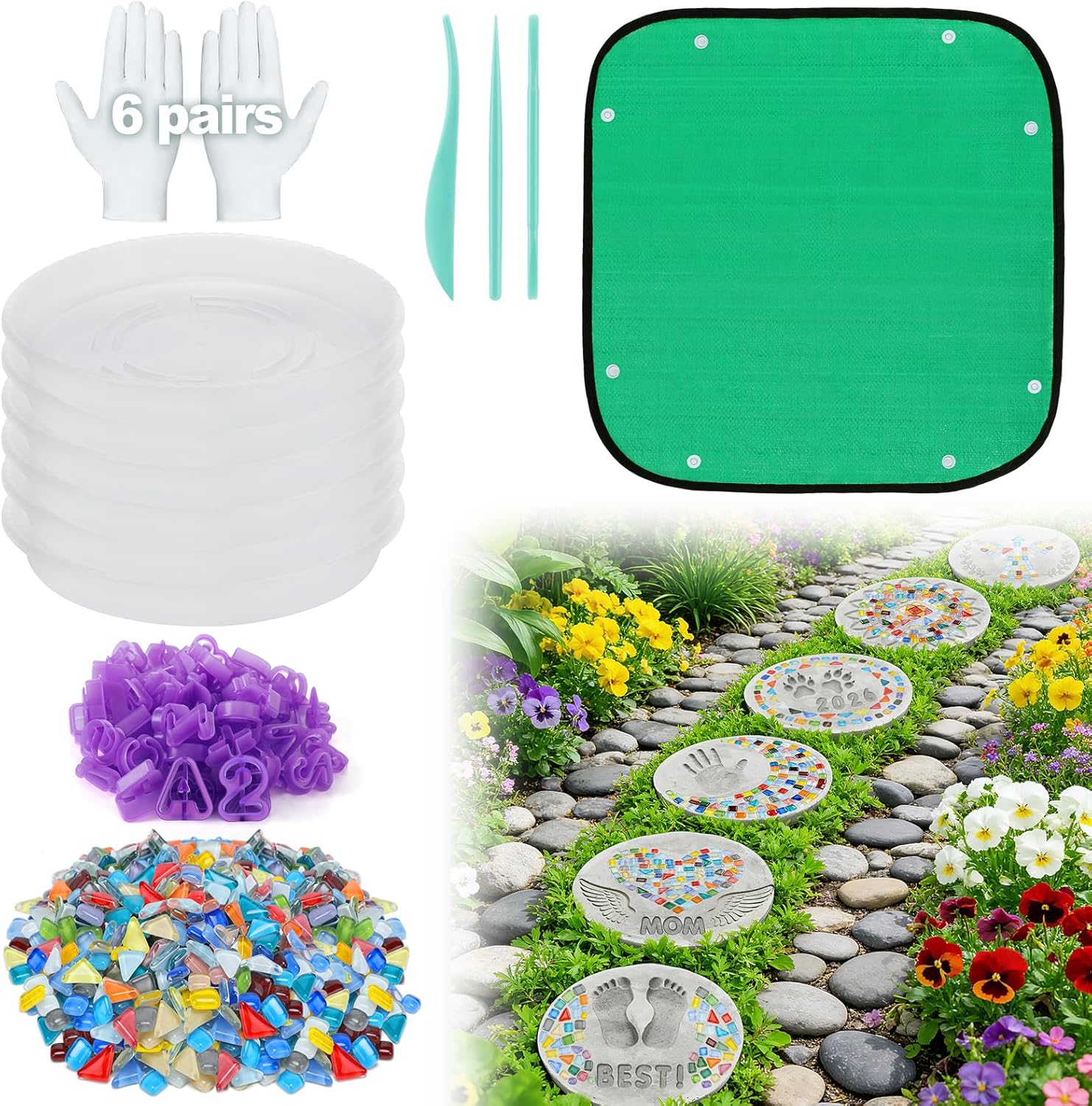 6 Sets 10in Stepping Stone Kit - Includes Concrete Molds & Letter Number Stamps, Mosaics Tiles, Carving Tools, Gloves & Mat, Make Your Own Stepping Stones Outdoor for Garden Walkway Mother's Day