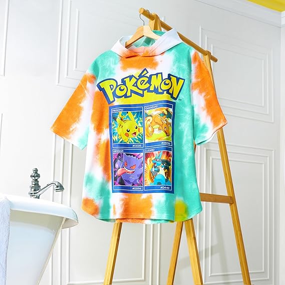 Pokemon Hooded Beach Towel Kids Pikachu Towelling Poncho Bath Towel Wrap Soft Changing Robe for Pool Beach Vacation Bathroom Anime Gifts Holiday Essentials (Multi Tie Dye, 6-9 Years)