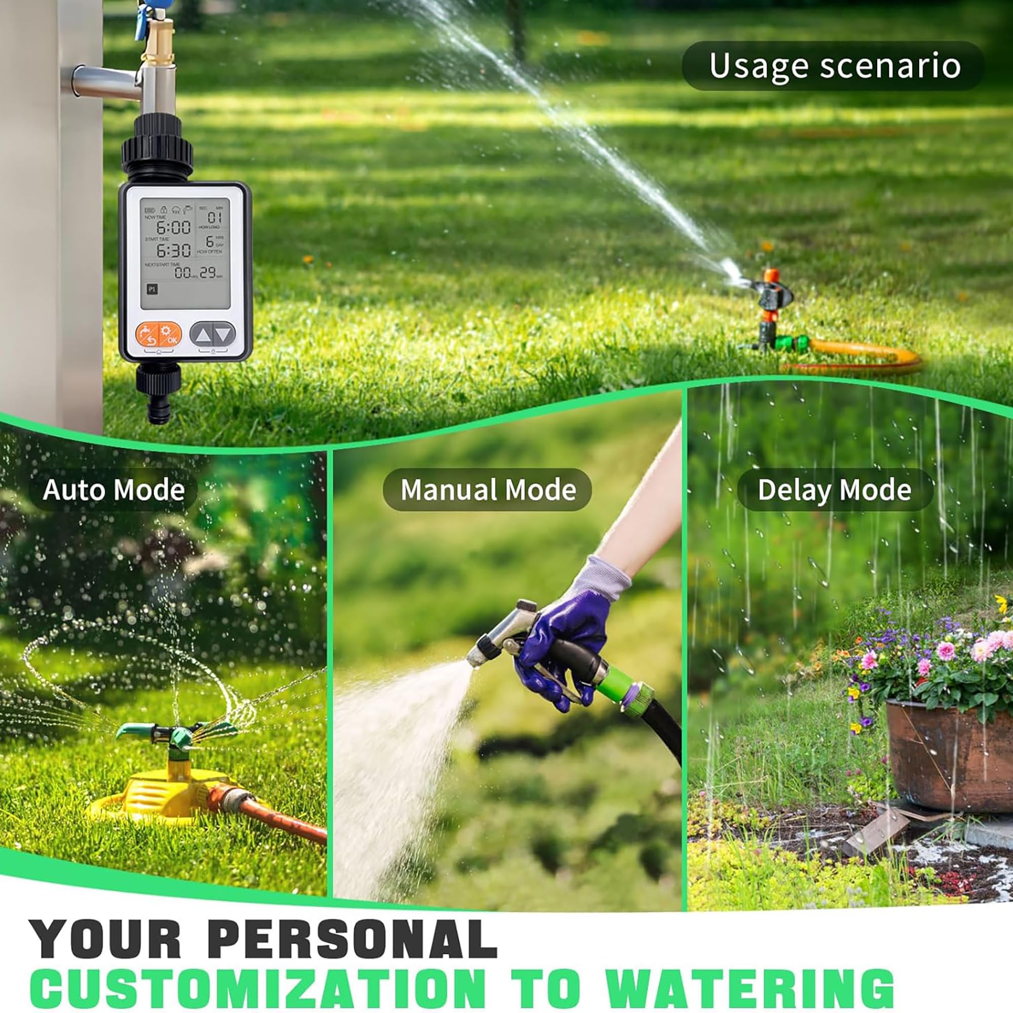 Temporizador de agua para manguera de jardín, 10 temporizadores programables con retardo automático de lluvia, IP54 resistente al agua de 3.3 pulgadas, temporizador de sistema de riego por goteo LCD