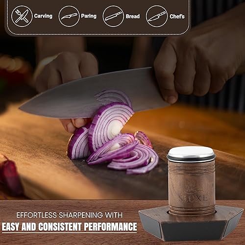 Miniatura 7 de Kit de afilador de cuchillos rodantes, madera de nogal premium, 5 ángulos magnéticos (12, 15, 17, 19 y 22 grados), discos de diamante y cerámica,