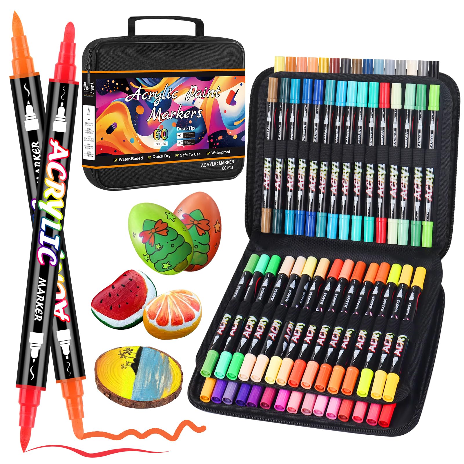 Acrylic Markers 60 Colours 60 Pieces, Double Ended Acrylic Paint Marker with Fine and Brush, Markers for Rock, Glass, Ceramic, Plastic, Fabric, Metal