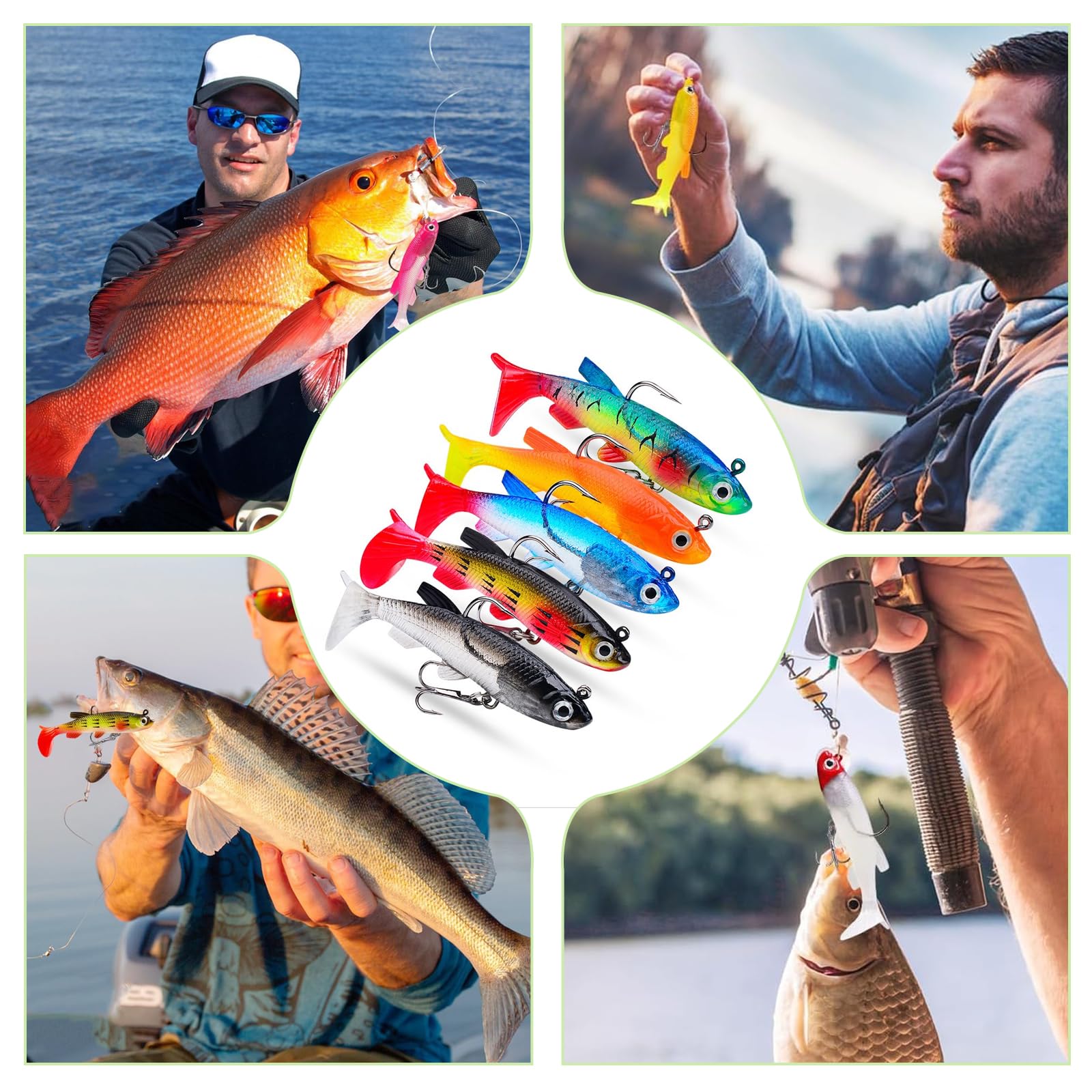 Juego de señuelos de pesca, 10 unidades, peces de goma con cabeza de jig, señuelos artificiales, señuelos de goma, agua dulce y salada, regalo para perca, mandarina suave, boca de caballo, tilapia
