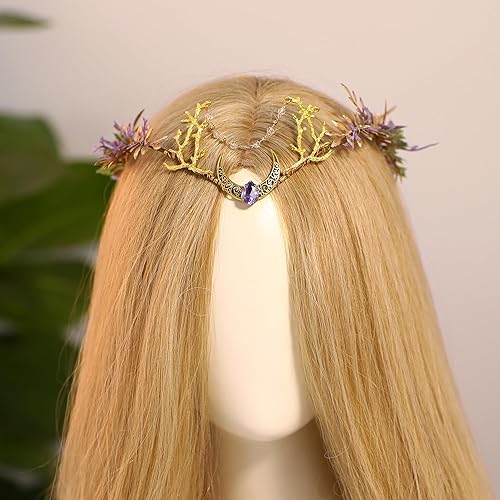 Miniatura 4 de MOSTORY Corona de elfo de luna hecha a mano, tocado de flores de hada, tiara floral de hoja de bosque para mujeres y niñas, renacentista, Halloween,
